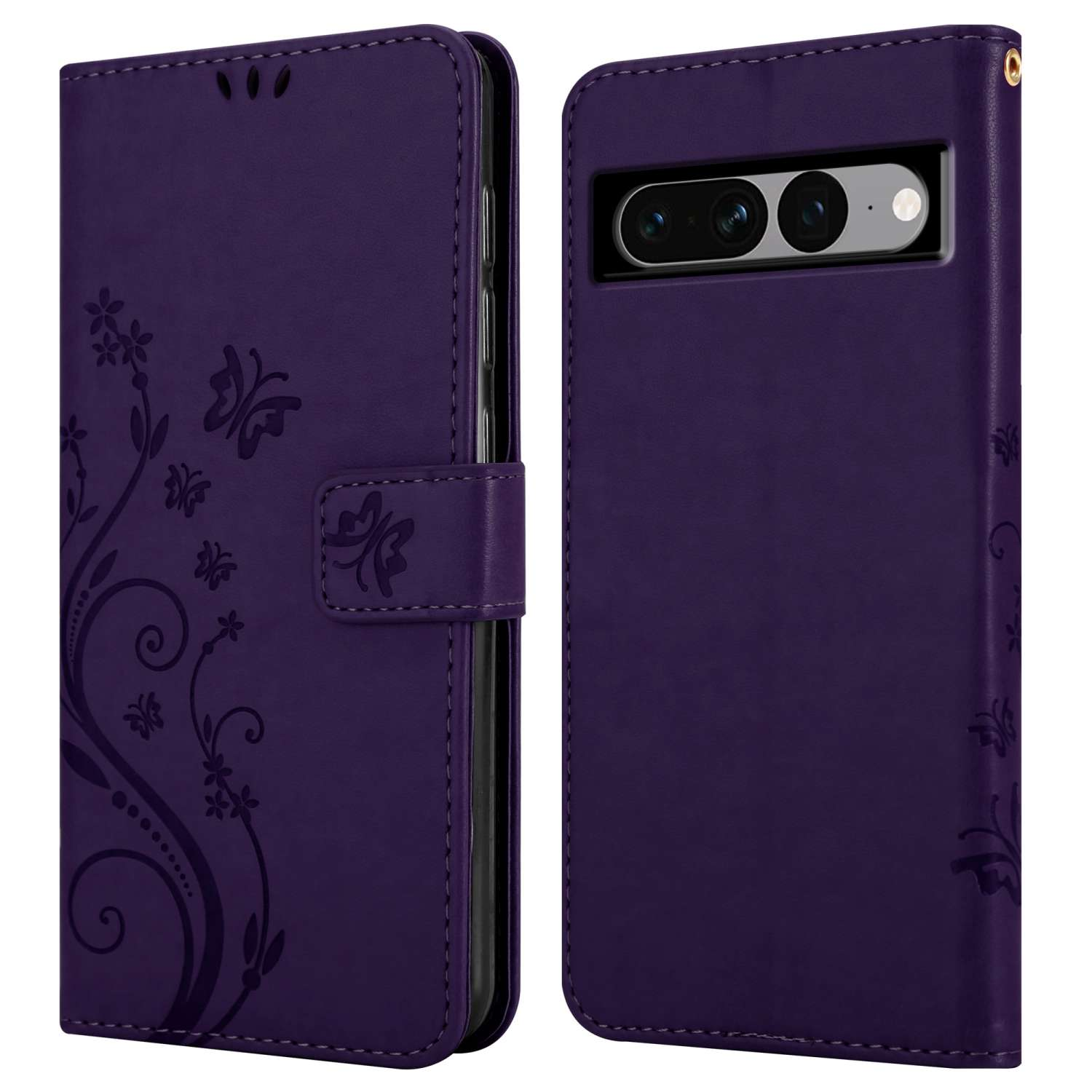 Custodia per telefono viola con un design floreale e farfalle, aperta per mostrare un telefono all'interno.