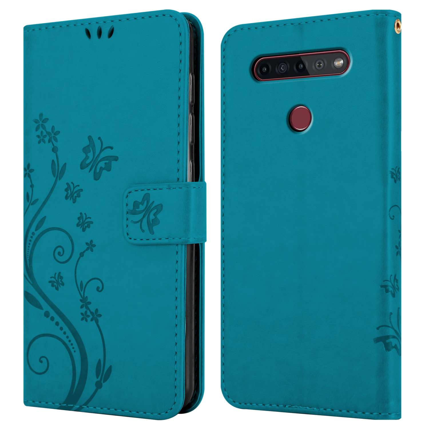 Custodia per telefono color teal con un motivo a farfalla, aperta a sinistra e chiusa a destra.