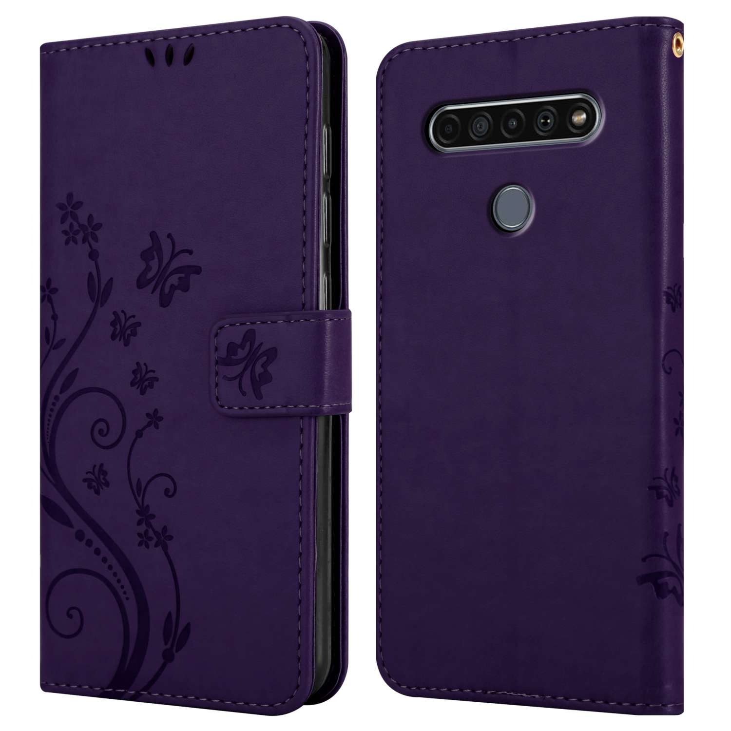 Custodia viola per telefono con design floreale in rilievo e dettagli a farfalla, aperta per rivelare il telefono.
