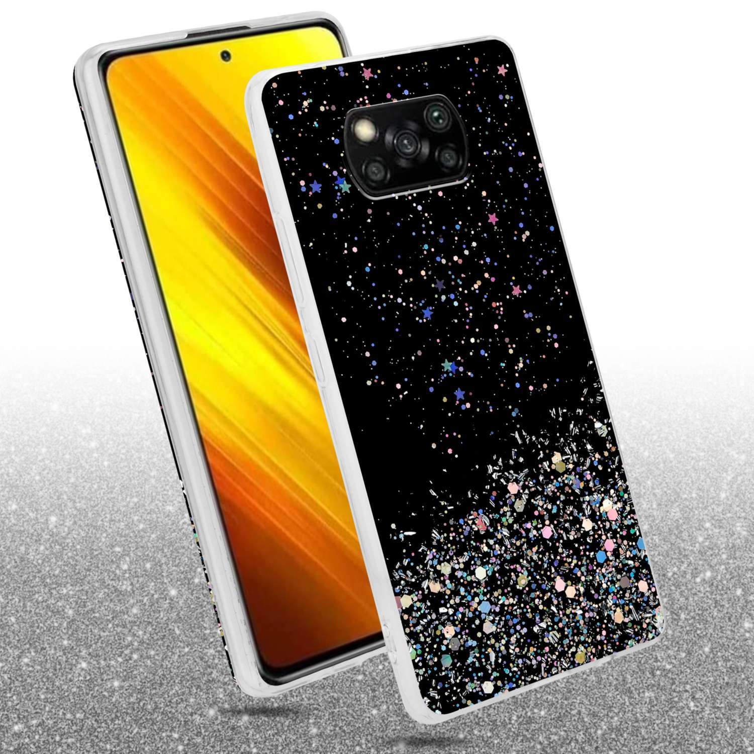 Una custodia per telefono con un design glitterato nero, con telefono parzialmente visibile.