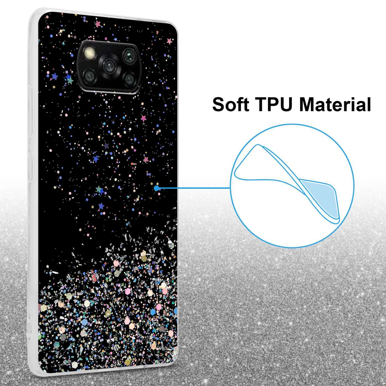 Custodia nera con glitter e stelle, testo: 'Soft TPU Material'.