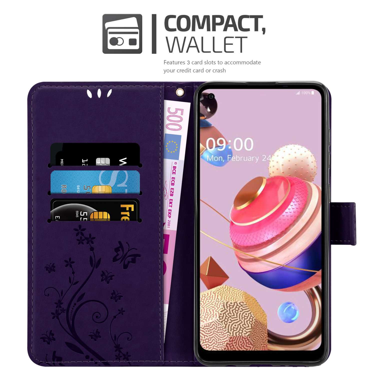 Custodia a portafoglio per telefono viola aperta, mostra schermo, carte di credito e banconota da 500 euro. Design floreale.