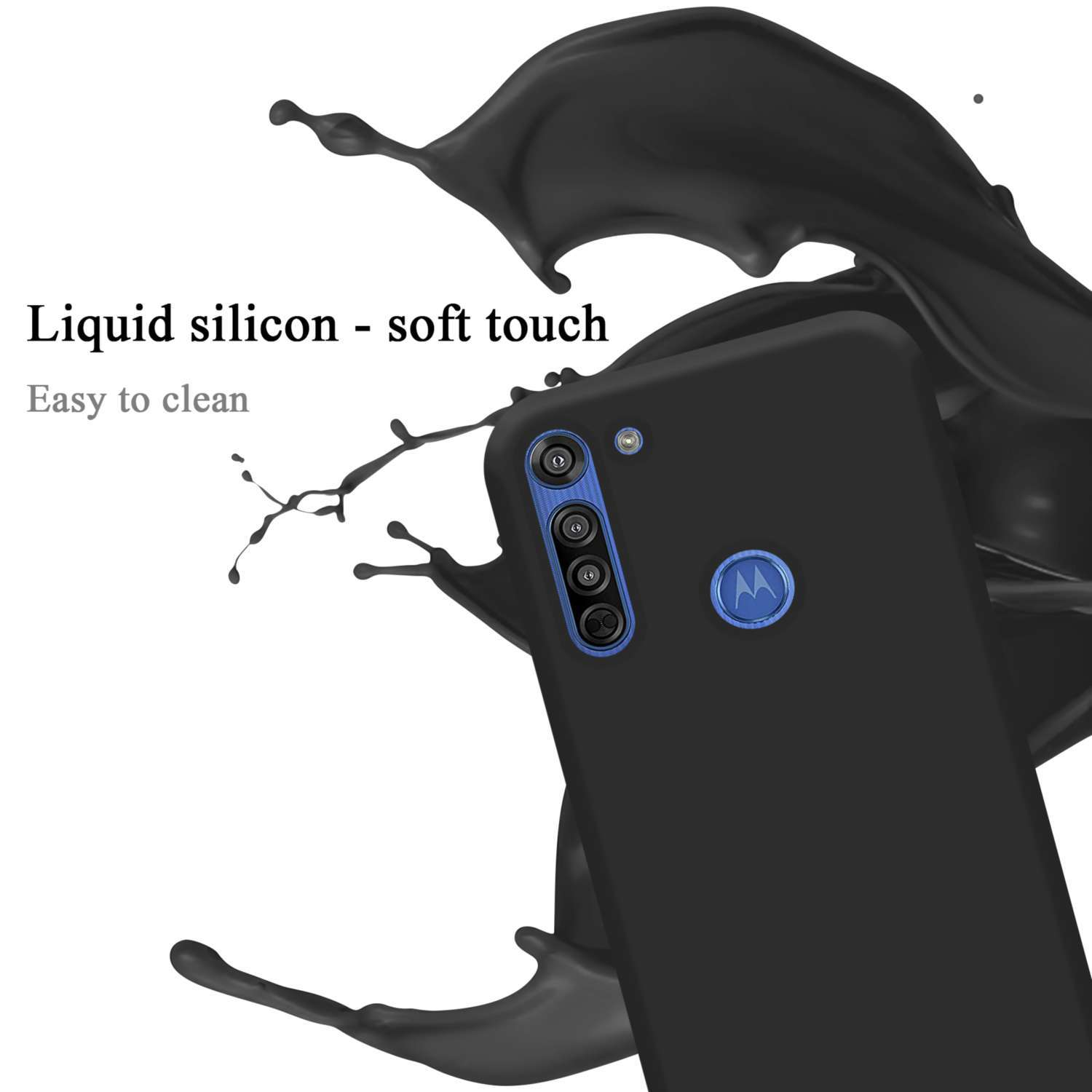 Schwarze Handyhülle mit schwarzem Spritzer und einem Telefon mit Motorola-Logo auf weißem Hintergrund.