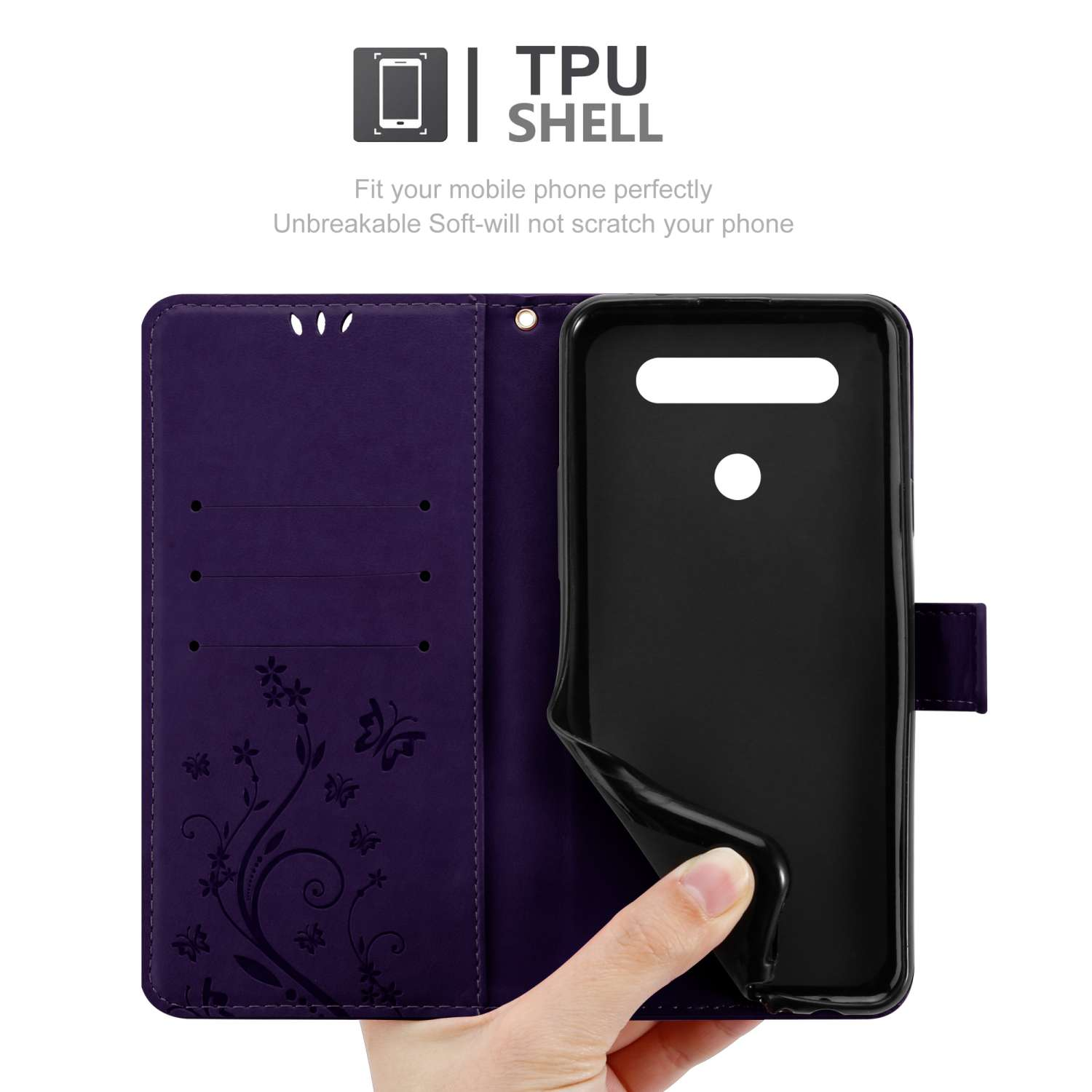 Custodia per telefono viola, aperta, con custodia nera e design floreale.
