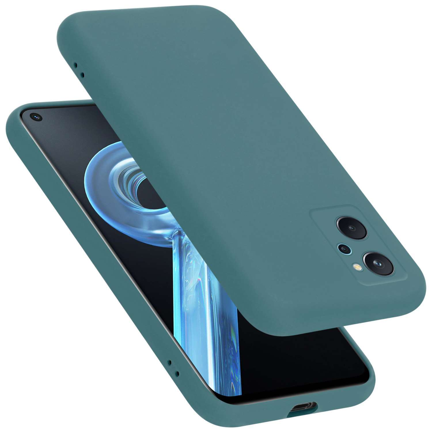 Custodia e telefono verde acqua. Il telefono è verde acqua con due fotocamere e la custodia sopra.