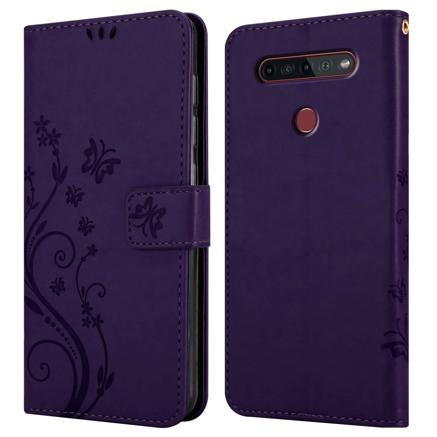 Custodia viola con design floreale e farfalle sulla copertina.