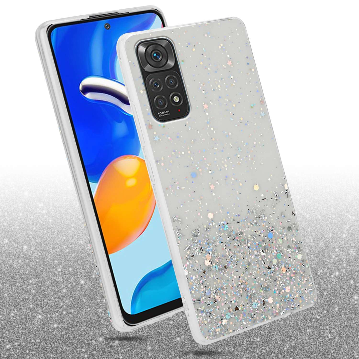 Custodia per telefono con glitter. È visibile uno schermo del telefono. I glitter si diffondono verso il basso.