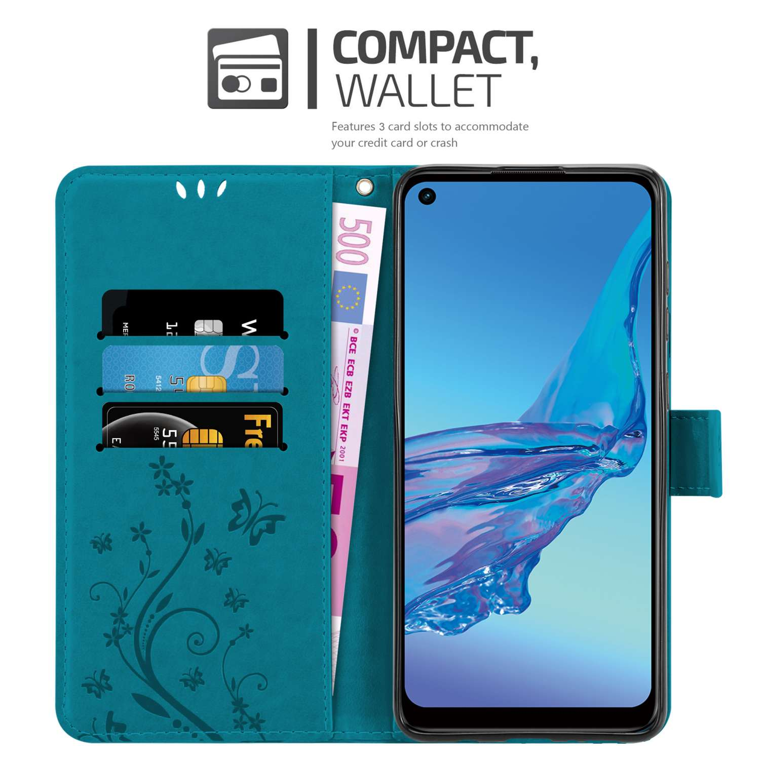 Una custodia a portafoglio per telefono verde acqua con telefono, denaro e scomparti per carte. Design floreale.