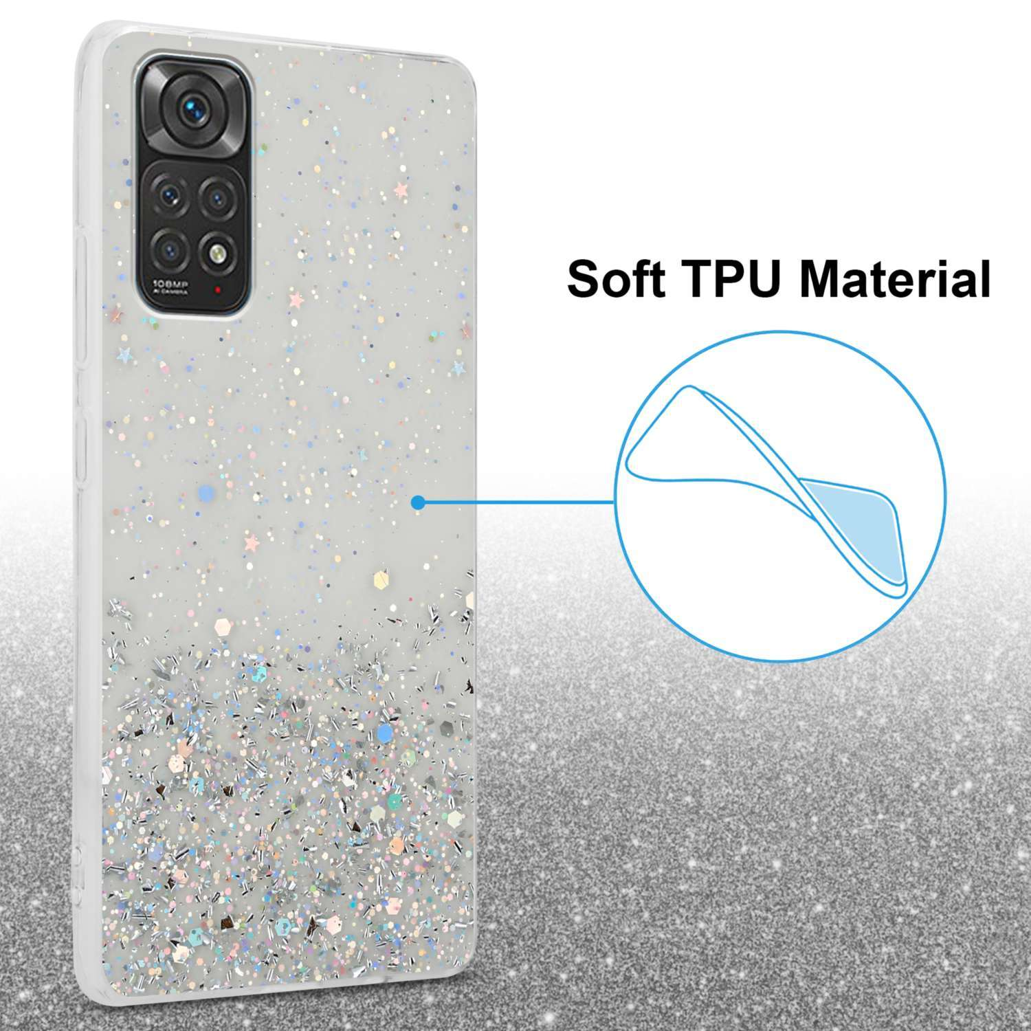 CADORABO Schutzhülle / Backcover, Glitter Glitter, mit funkelnden 11S Transparent 4G RedMi 11 4G, NOTE mit Xiaomi
