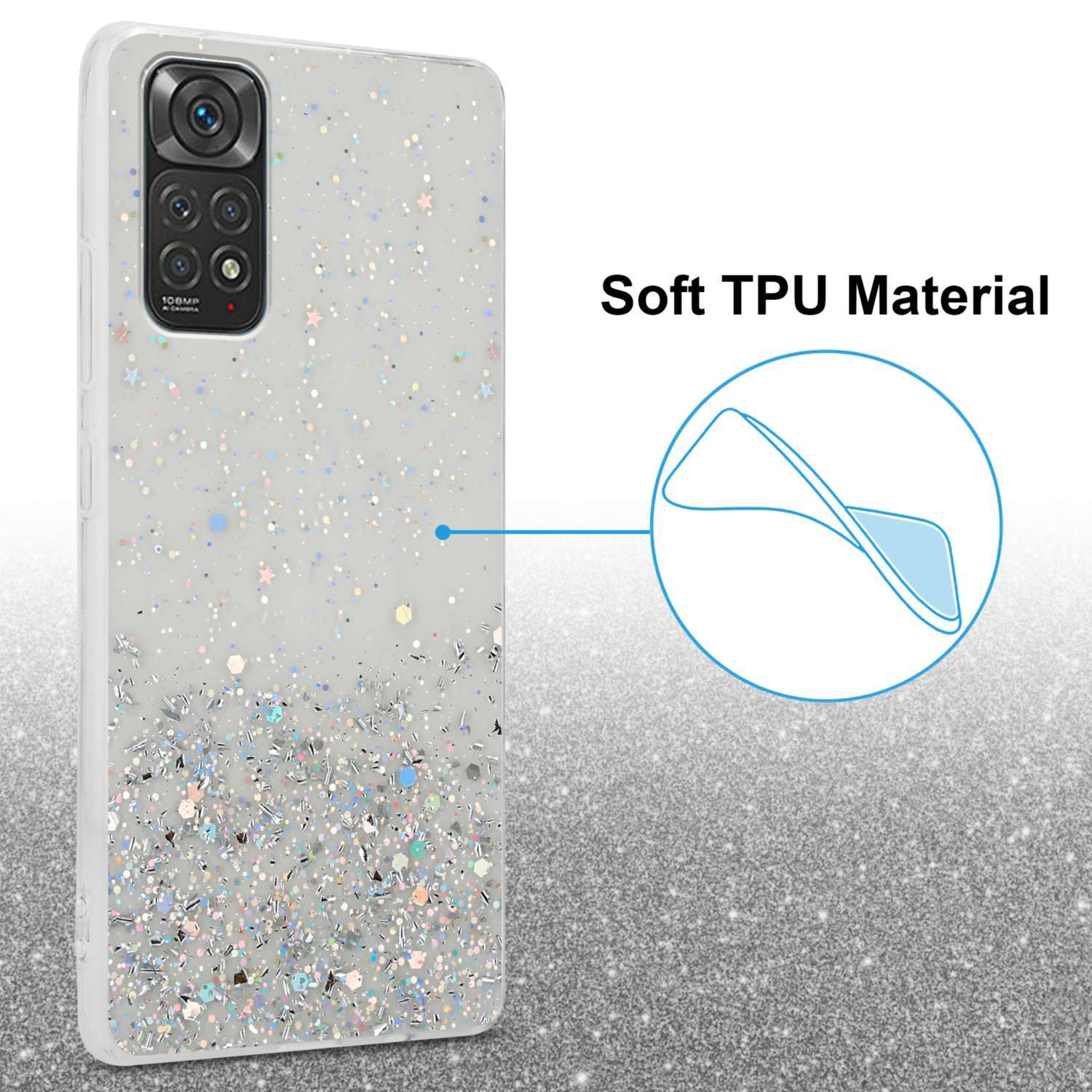Custodia per telefono con design glitterato, testo 'Soft TPU Material' su sfondo bianco.