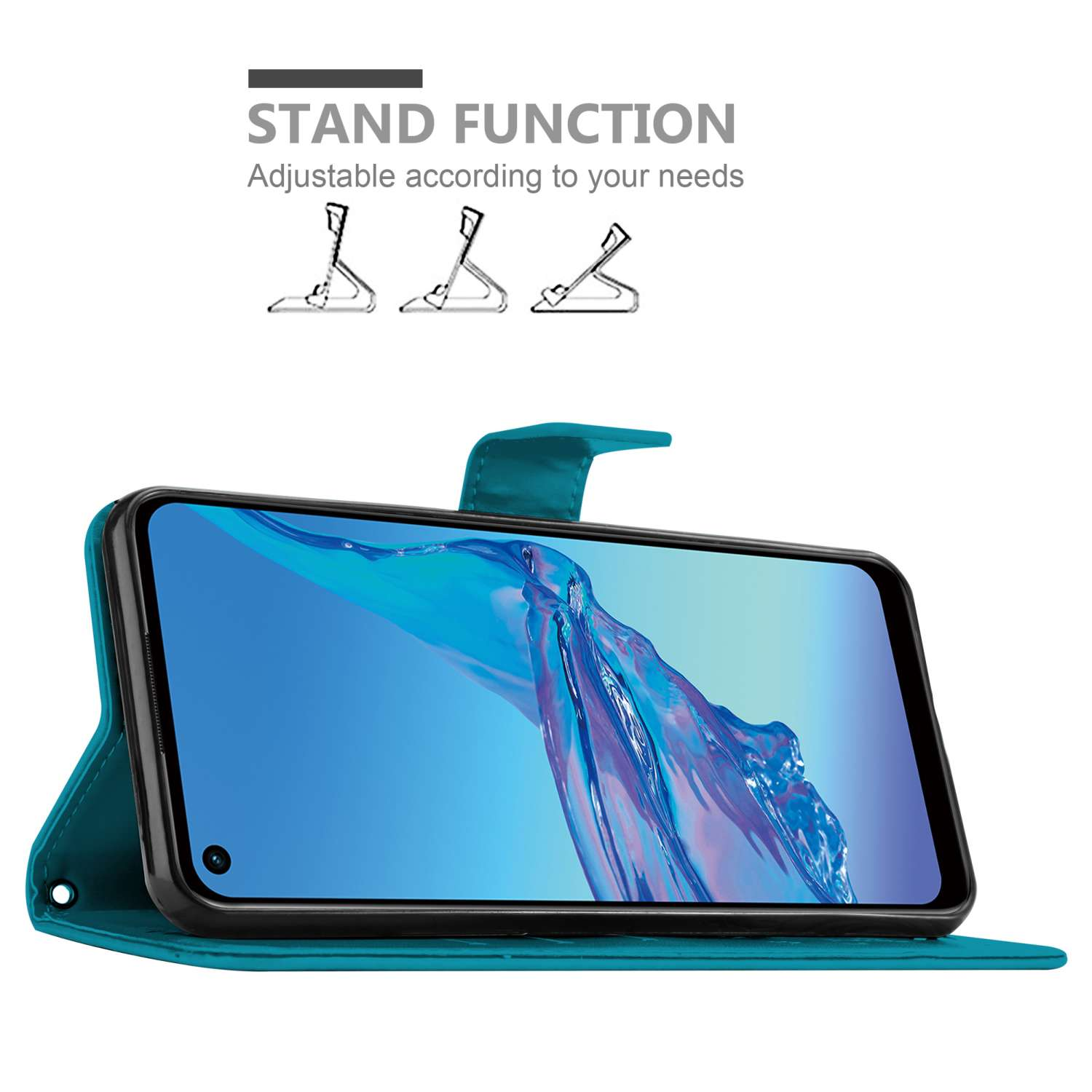 Custodia per telefono verde acqua con telefono. Ha una funzione di supporto. Sfondo bianco.