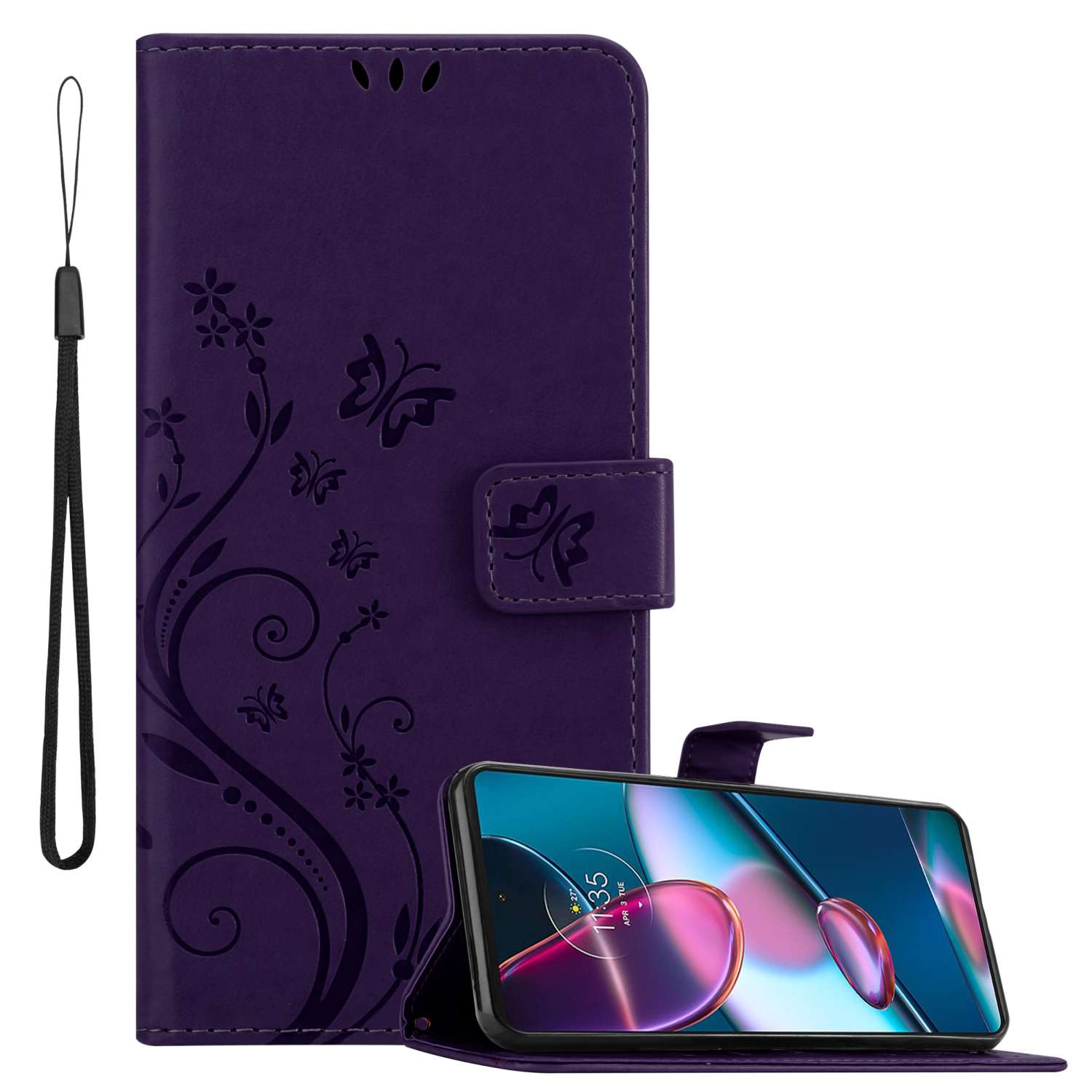 Custodia per telefono viola con design floreale, che tiene un telefono che mostra uno schermo.