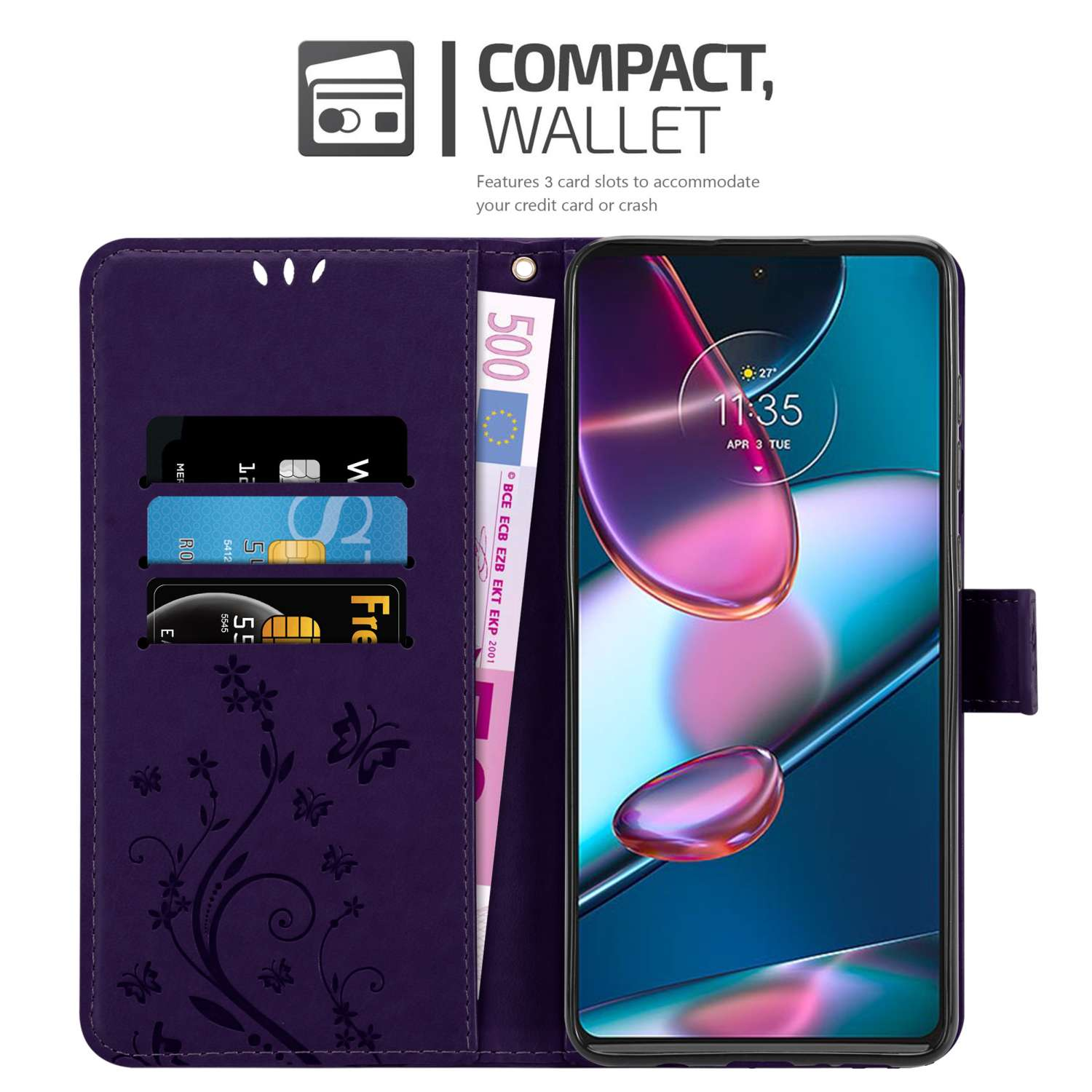 Custodia a portafoglio viola, aperta, con fessure, denaro e smartphone.