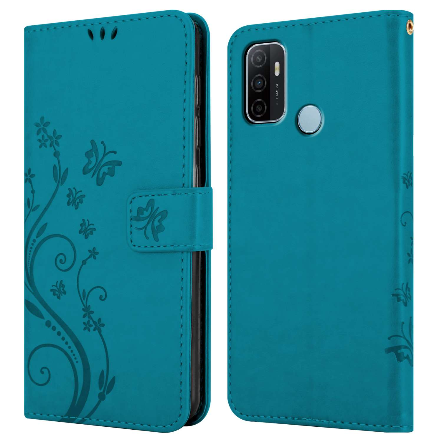 Una custodia per telefono color turchese con disegni floreali e a farfalla, che mostra le viste anteriore e posteriore. Sfondo bianco.