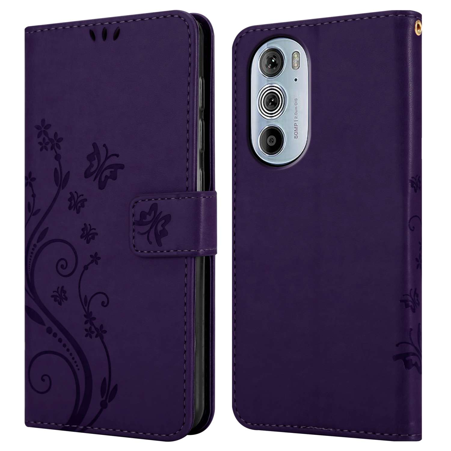 Custodia per telefono viola con design floreale. Aperta, che mostra il telefono. Dettagli farfalla. Chiusura e motivo decorativo.