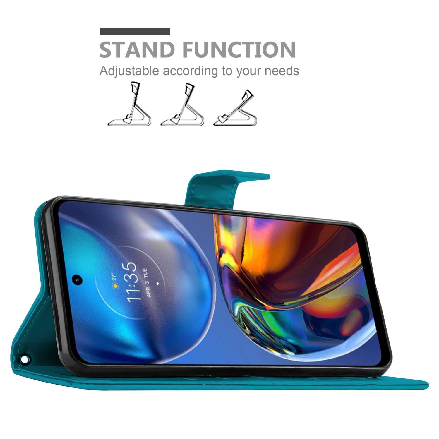 Smartphone in custodia verde acqua, schermo che mostra un orologio. Illustrazioni della funzione stand sopra.