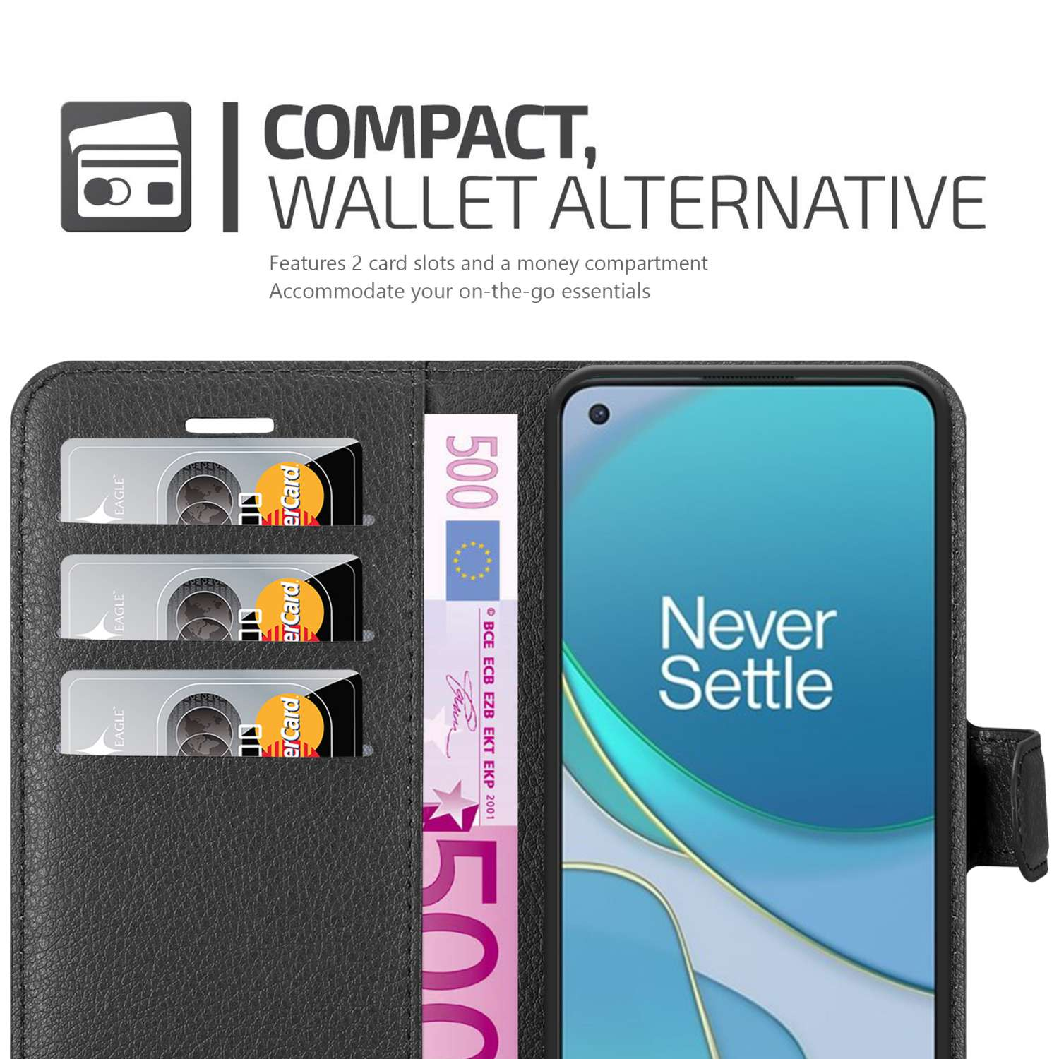 Custodia per telefono con slot per carte e scomparto per soldi, con carte e banconote in euro visibili.