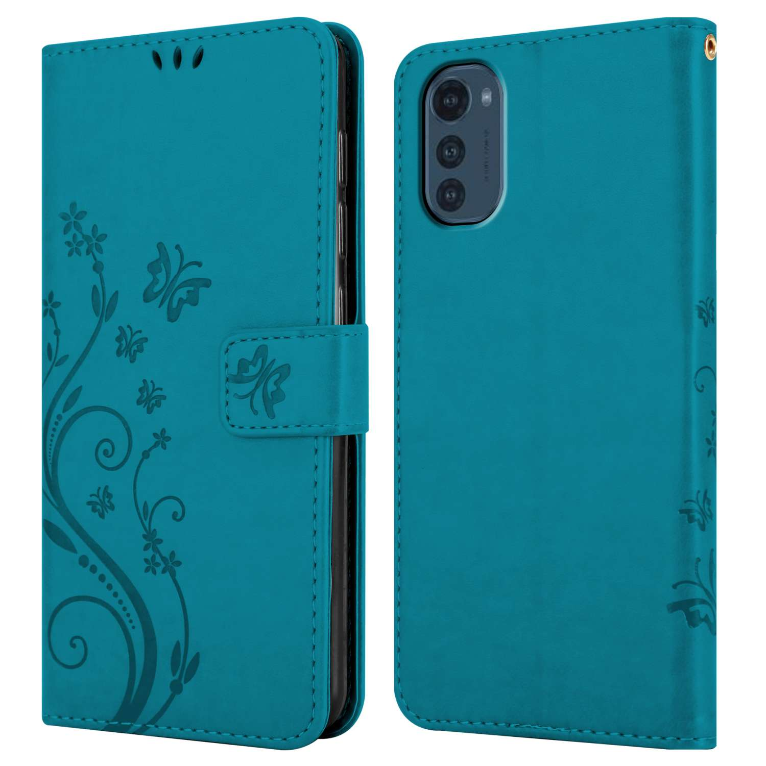 Custodia per telefono verde acqua con design floreale e farfalle, vista anteriore e posteriore.