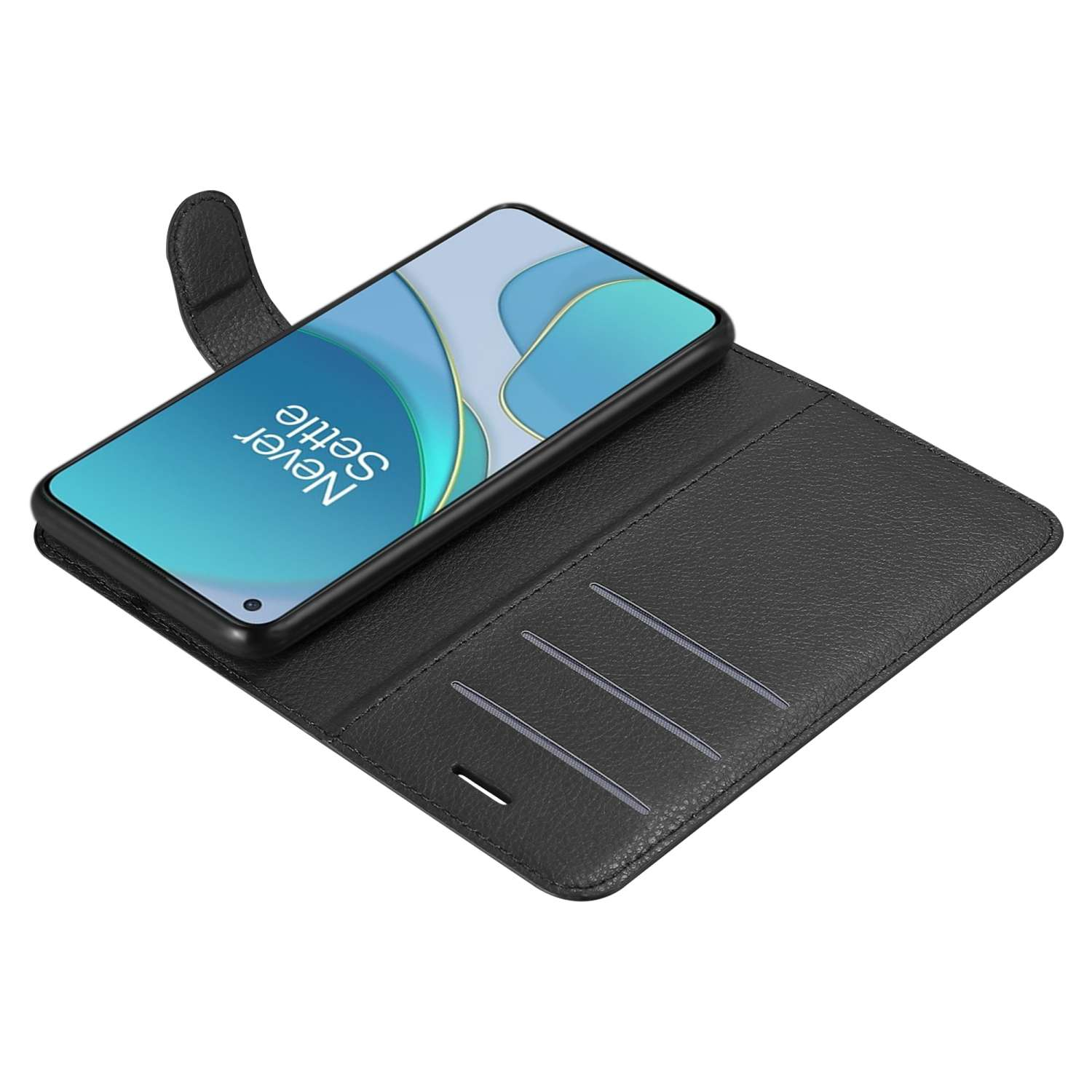 Custodia per telefono nera con telefono all'interno. Lo schermo mostra "Never Settle".