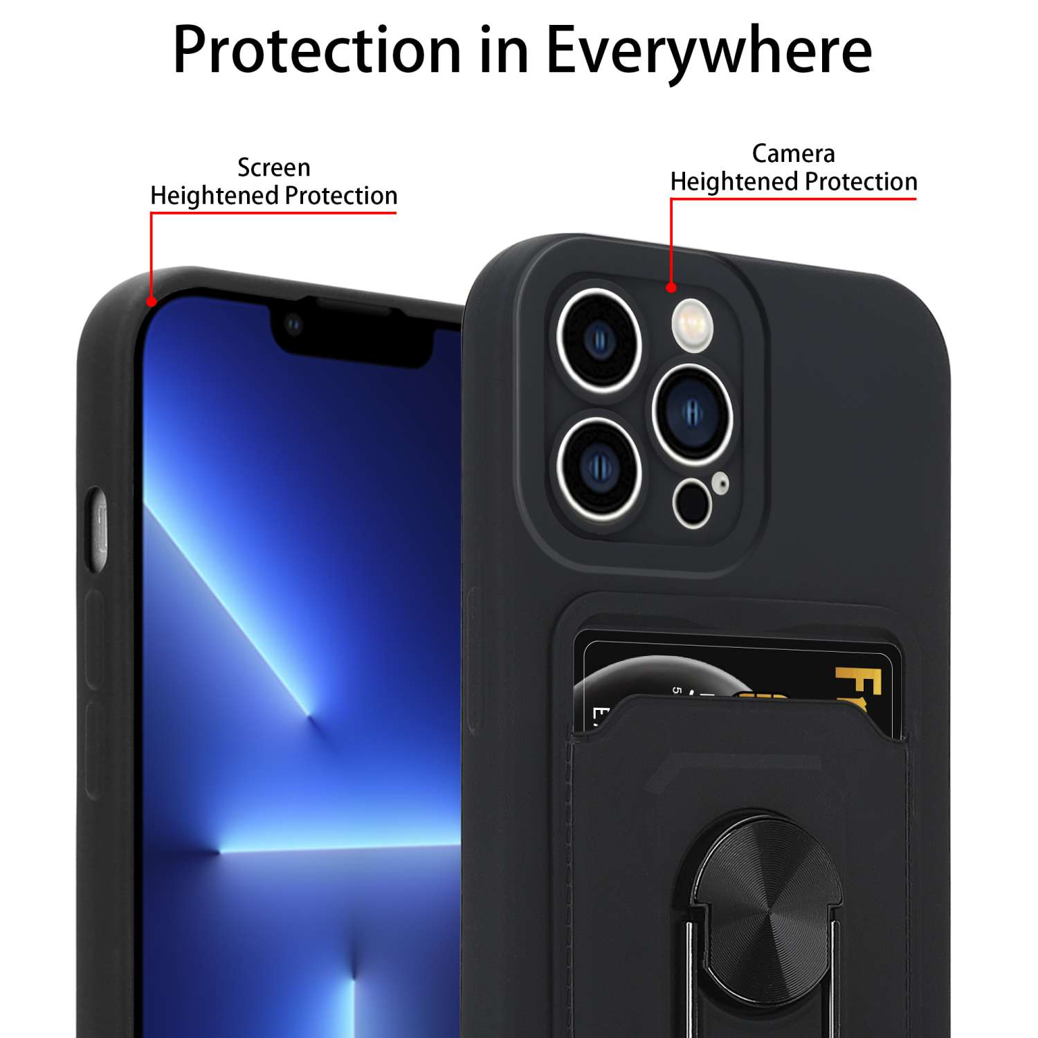 Custodia nera con protezione fotocamera e schermo. Telefono visibile. Testo: Protezione ovunque.