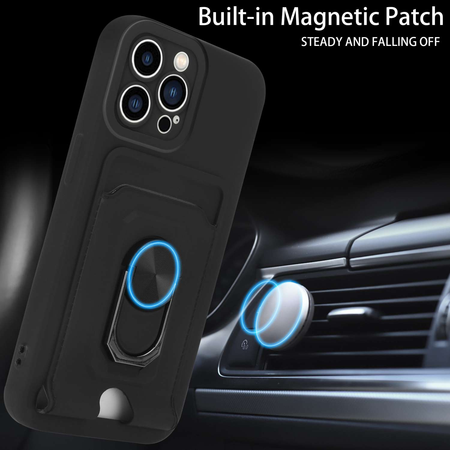 Custodia nera per telefono in auto, con supporto ad anello magnetico e supporto per bocchetta.