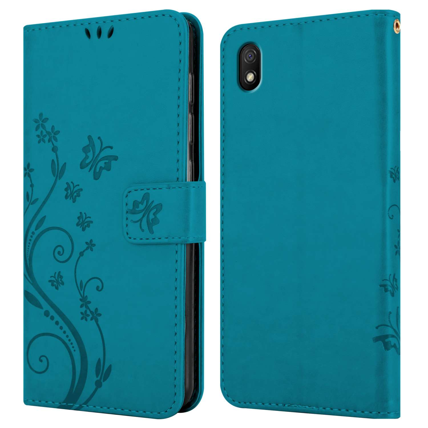 Custodia per telefono verde acqua aperta, che mostra due lati, design floreale.