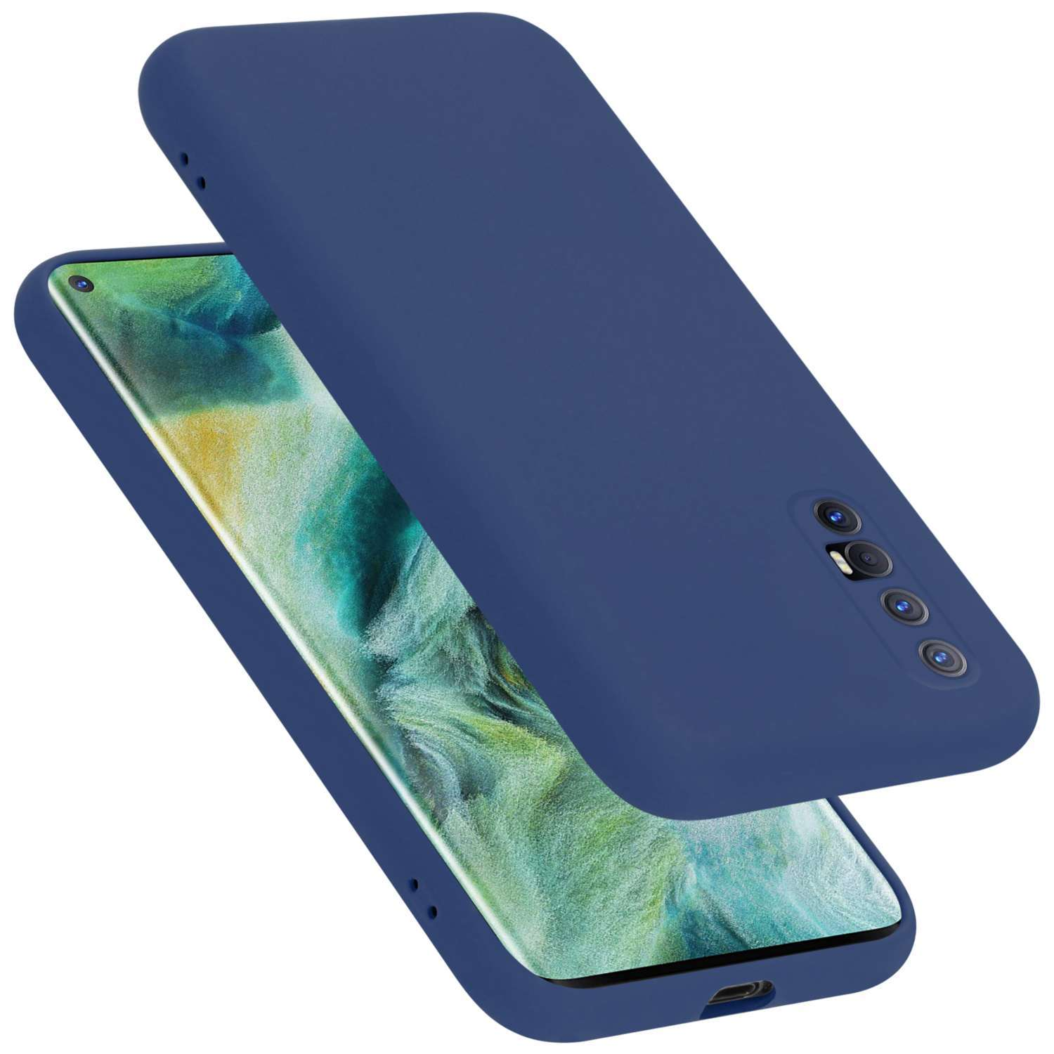 Eine blaue Handyhülle mit einem Telefon darin. Die Handyhülle ist abgelöst.