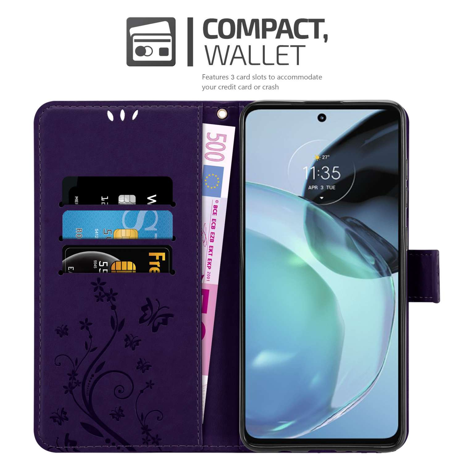 Custodia a portafoglio viola con carte, contanti e uno smartphone che mostra l'ora.