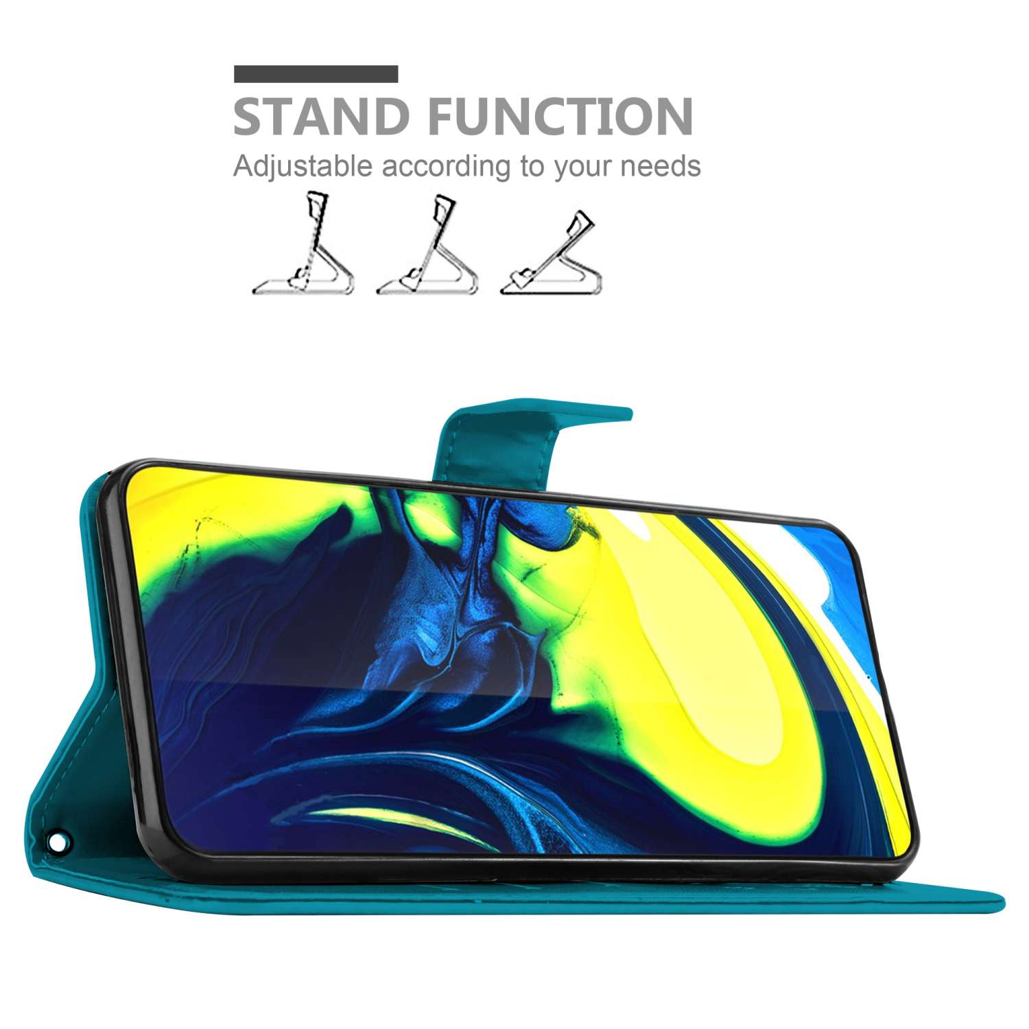 Telefono in custodia verde acqua, con funzione stand regolabile, che mostra diverse angolazioni.