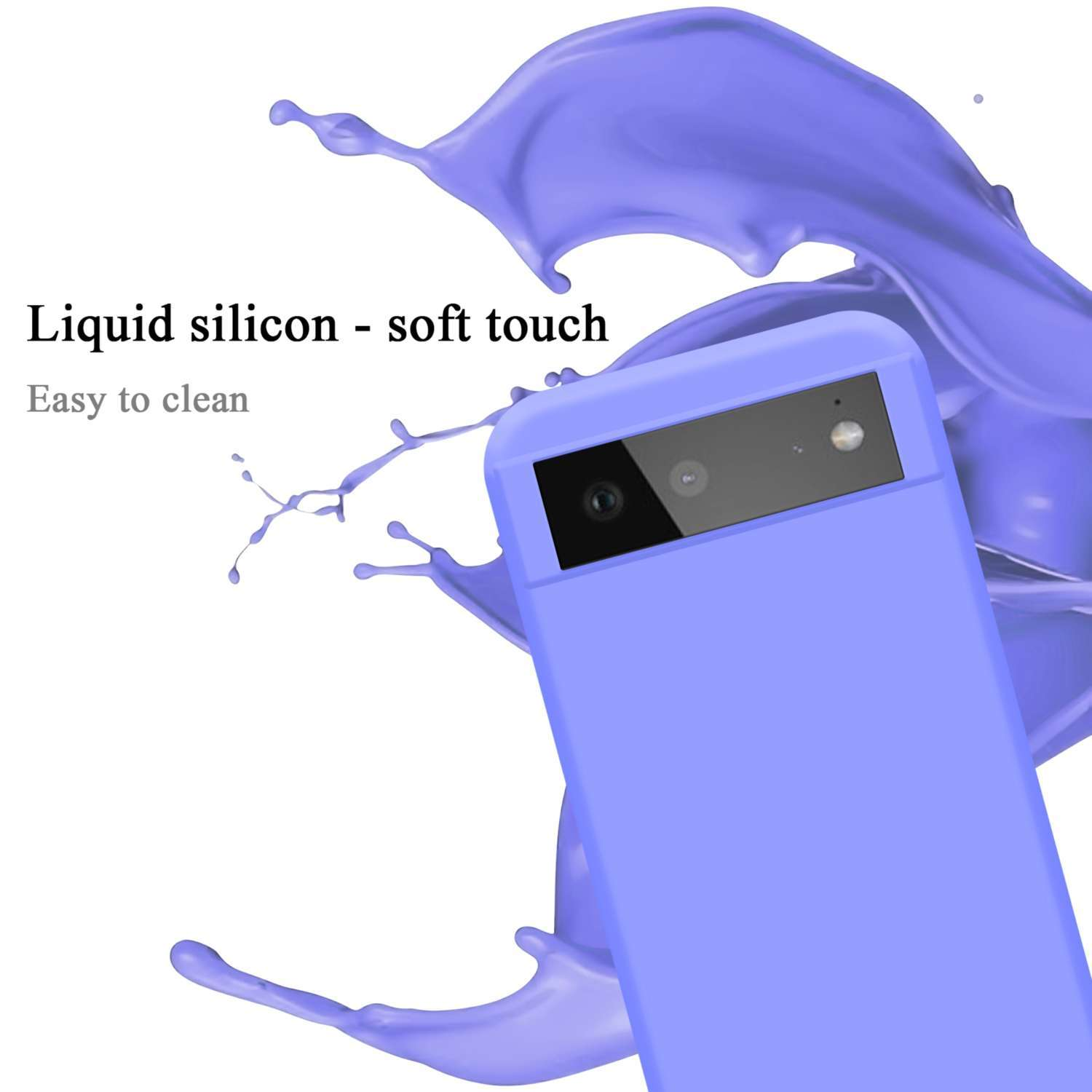 Custodia per telefono viola con telefono all'interno e spruzzi di liquido viola. Testo: Silicone liquido, soft touch, facile da pulire.