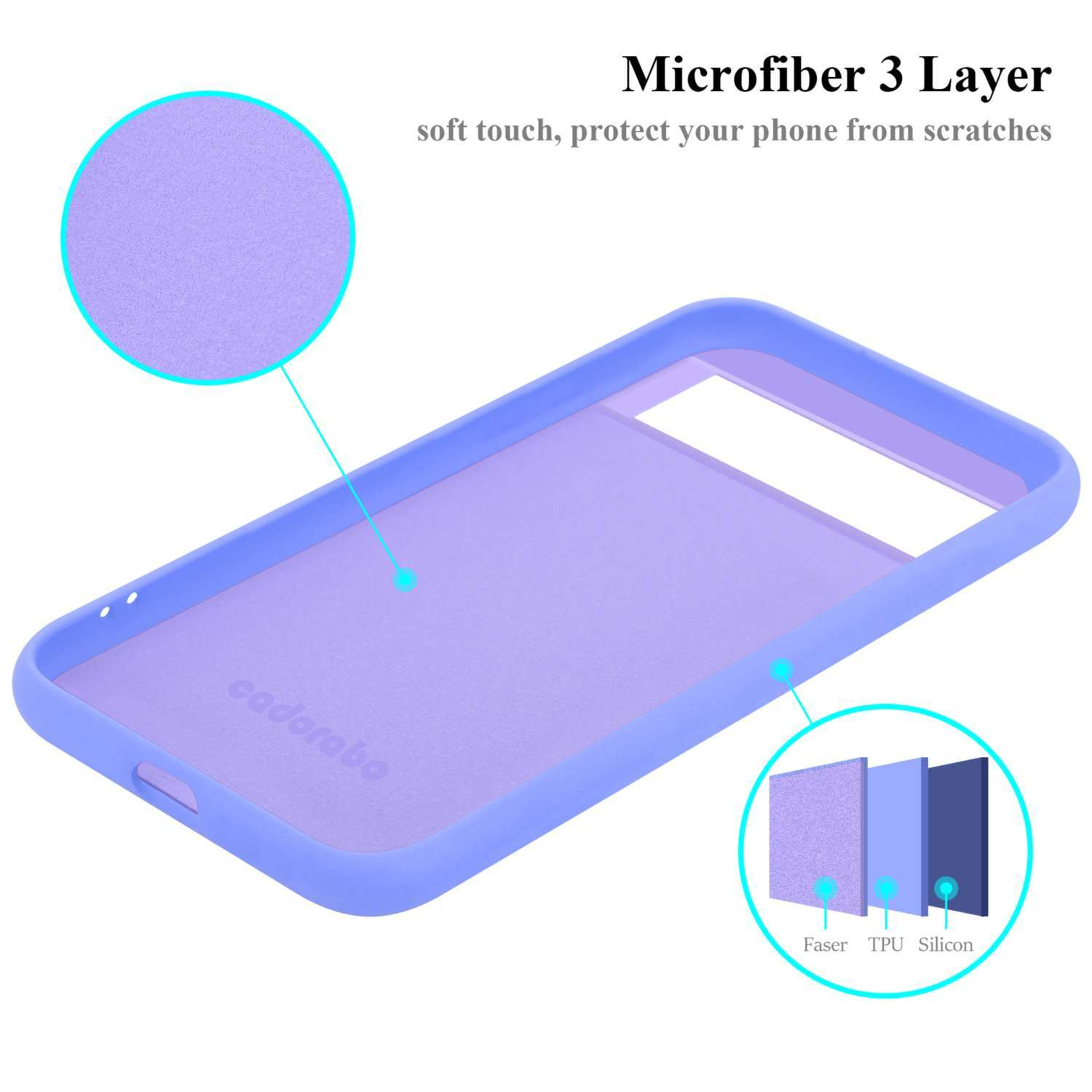 Una custodia per telefono viola con interno viola e un primo piano degli strati: fibra, TPU e silicone. Testo: Microfibra 3 strati.