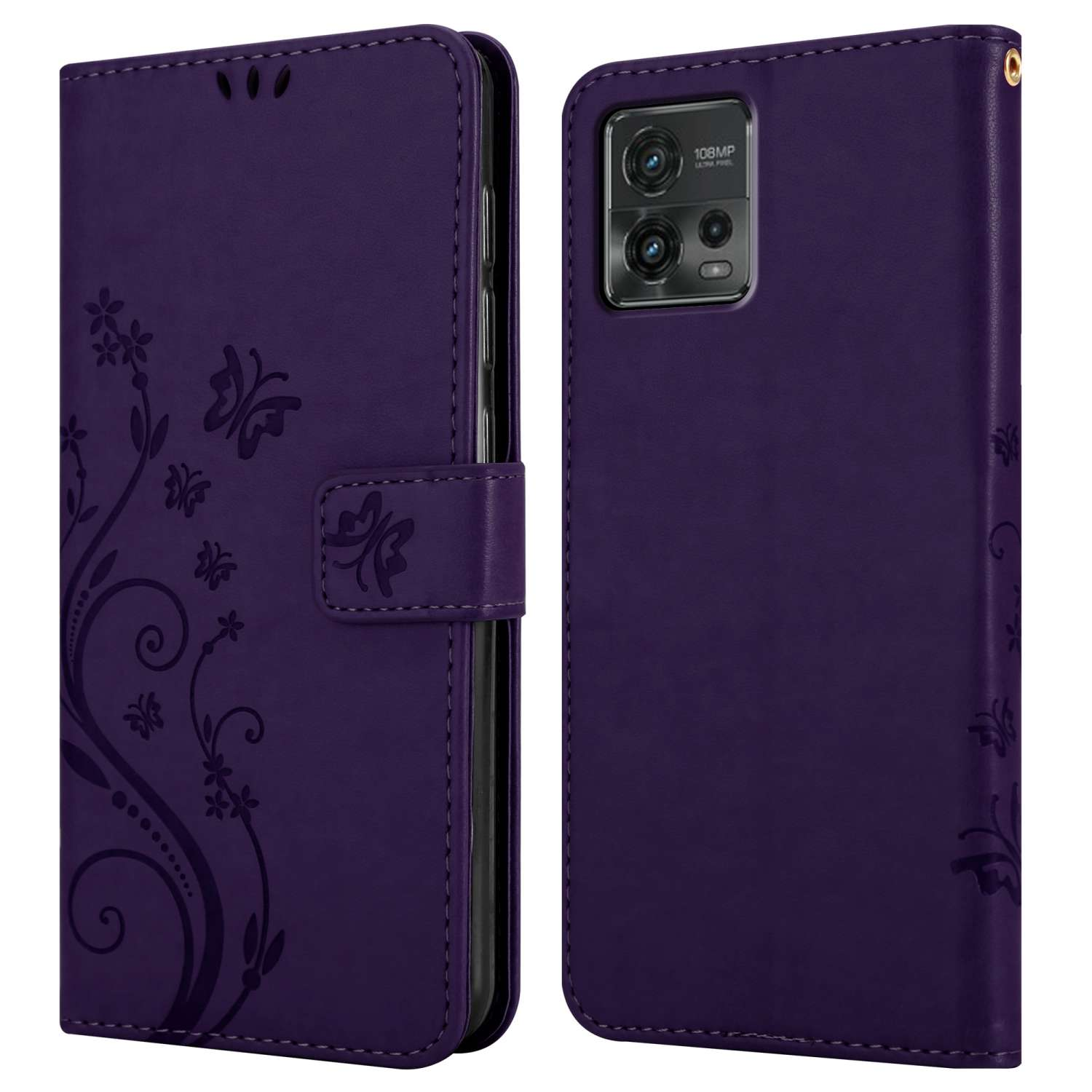 Custodia per telefono viola con un design floreale e il retro del telefono visibile.