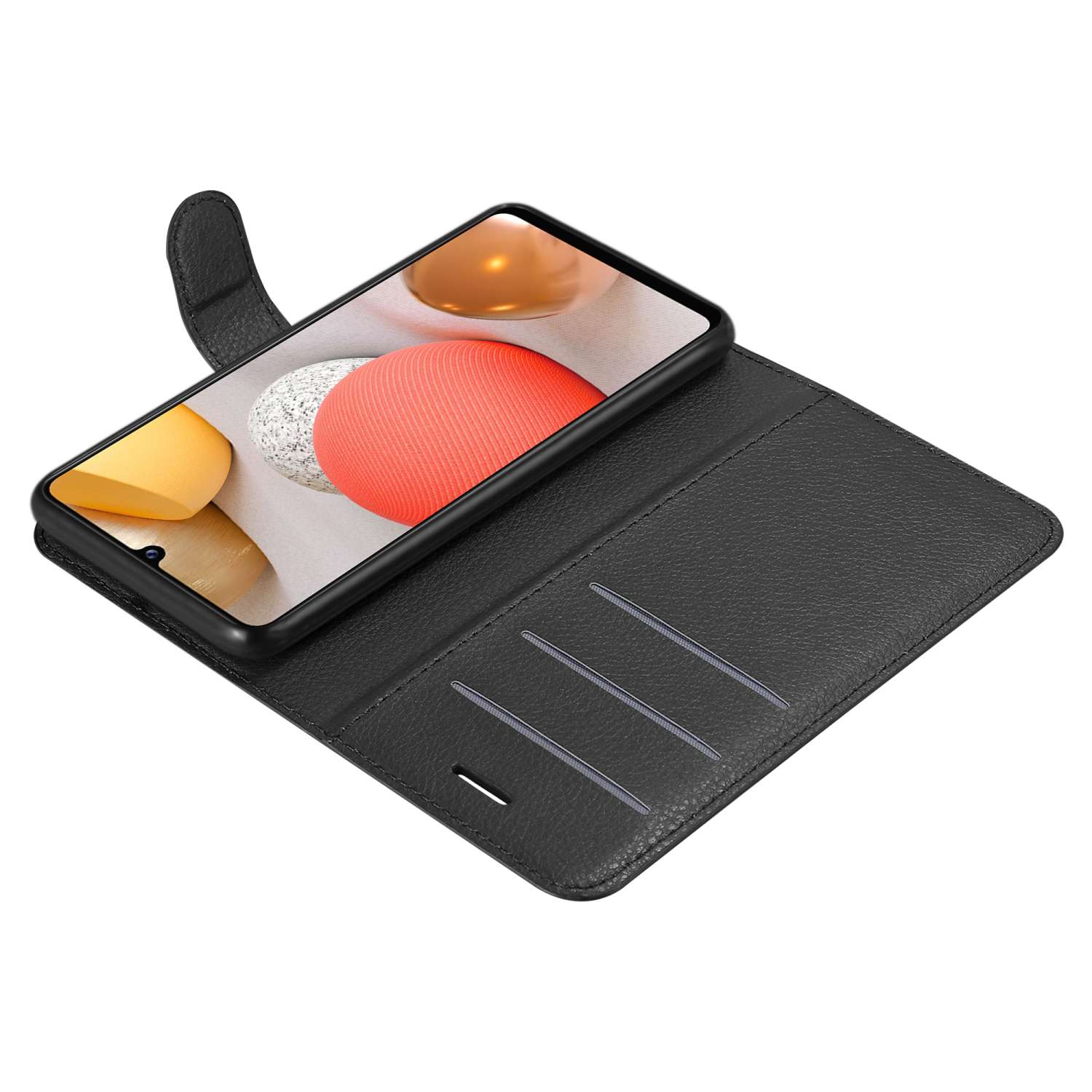Una custodia nera, aperta, che rivela un telefono, con fessure per carte e una banconota.
