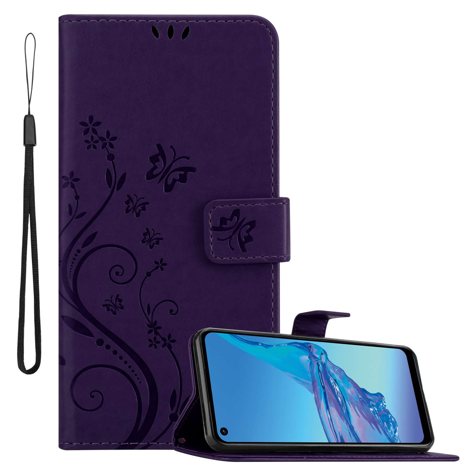 Custodia viola per telefono con design a farfalla, telefono all'interno. Ha un cinturino.