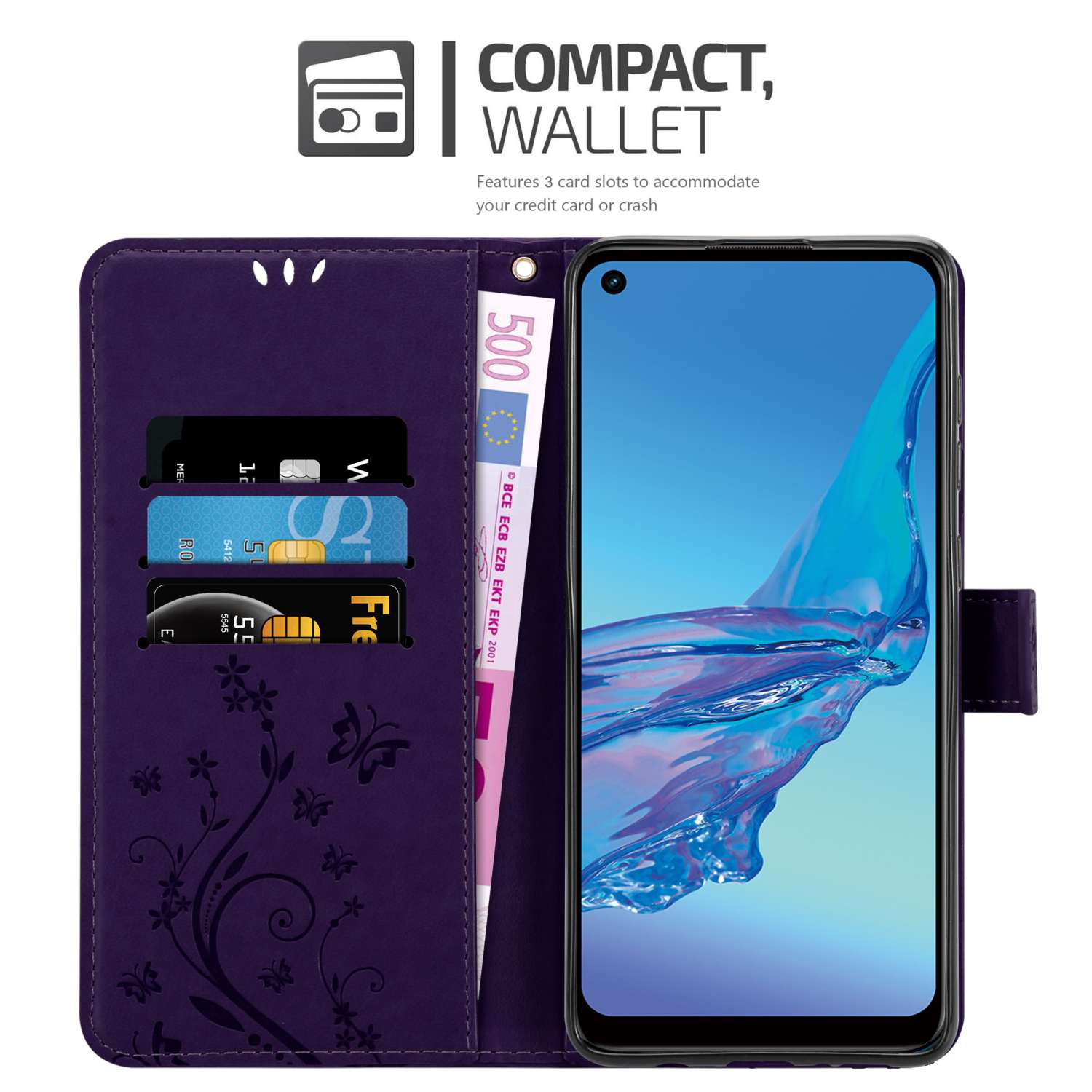 Custodia a portafoglio per telefono viola, aperta, con carte, contanti e un telefono con schermo blu.