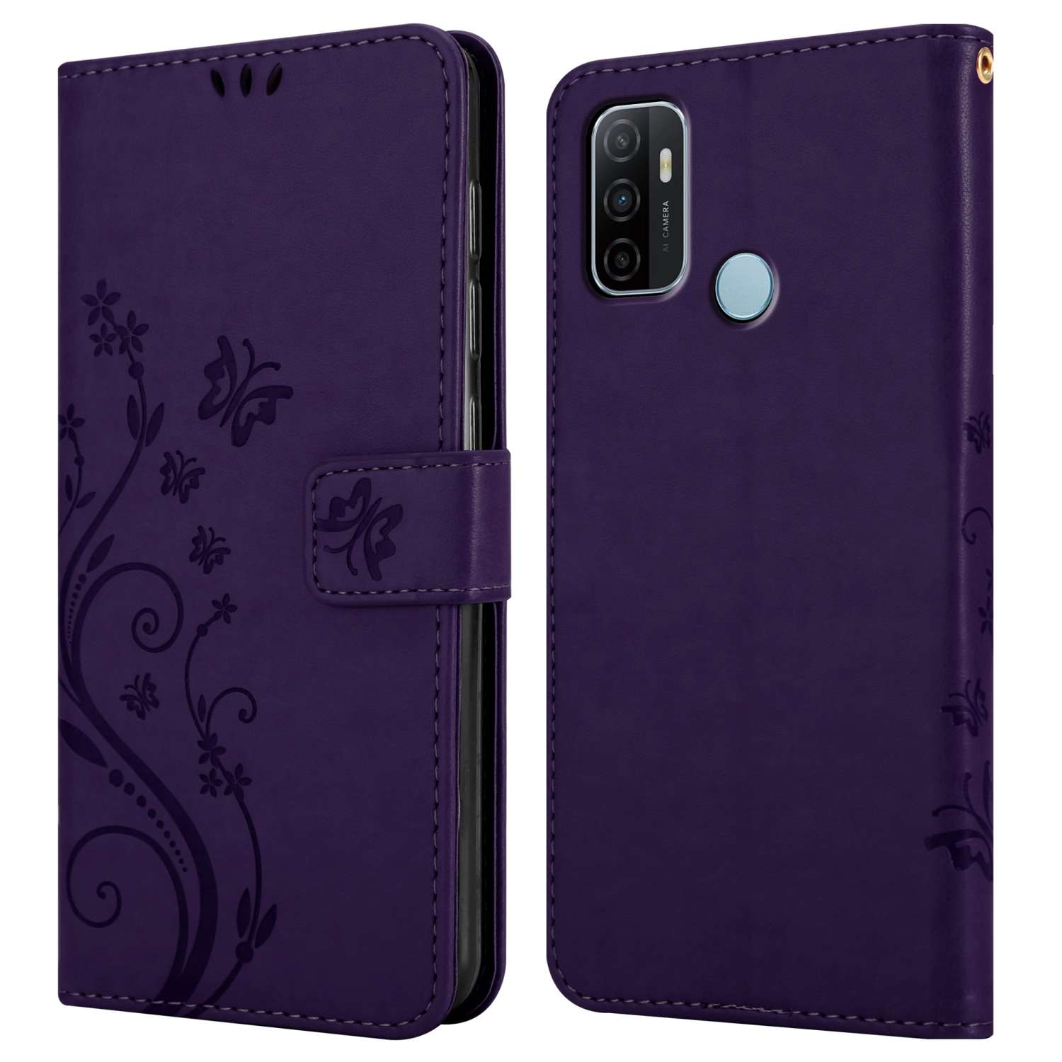 Custodia viola, aperta, chiusa. Design farfalla, chiusura. Retro del telefono visibile.