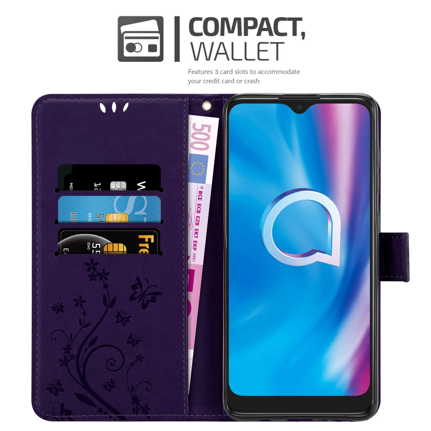Un portafoglio per telefono viola aperto, con carte e denaro all'interno e un telefono nella custodia.