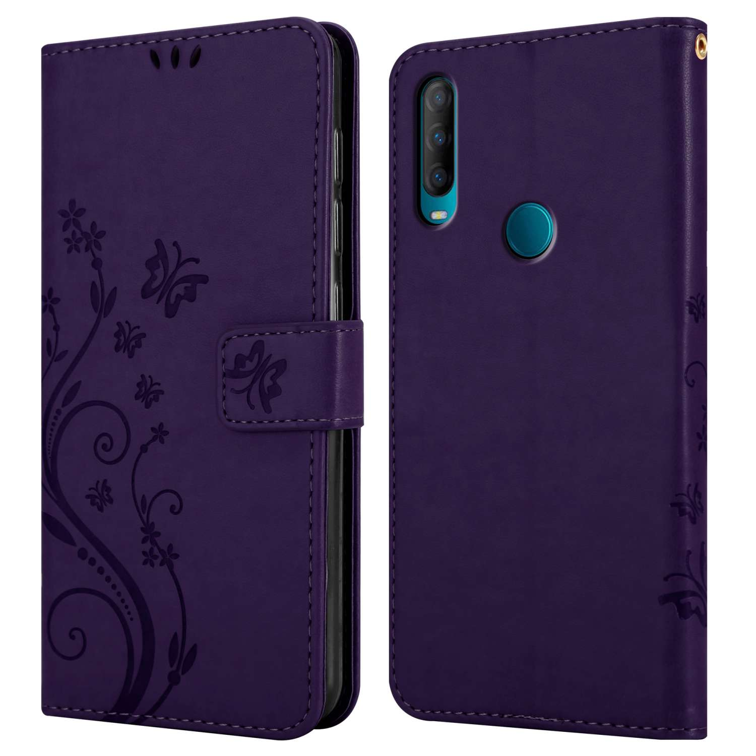 Custodia viola con design floreale e farfalle sulla cover.