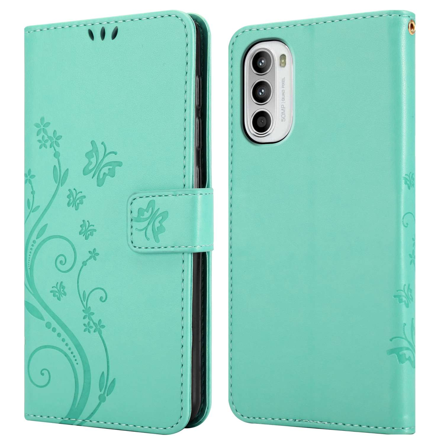 Una custodia teal con un design a farfalla. La custodia è aperta.