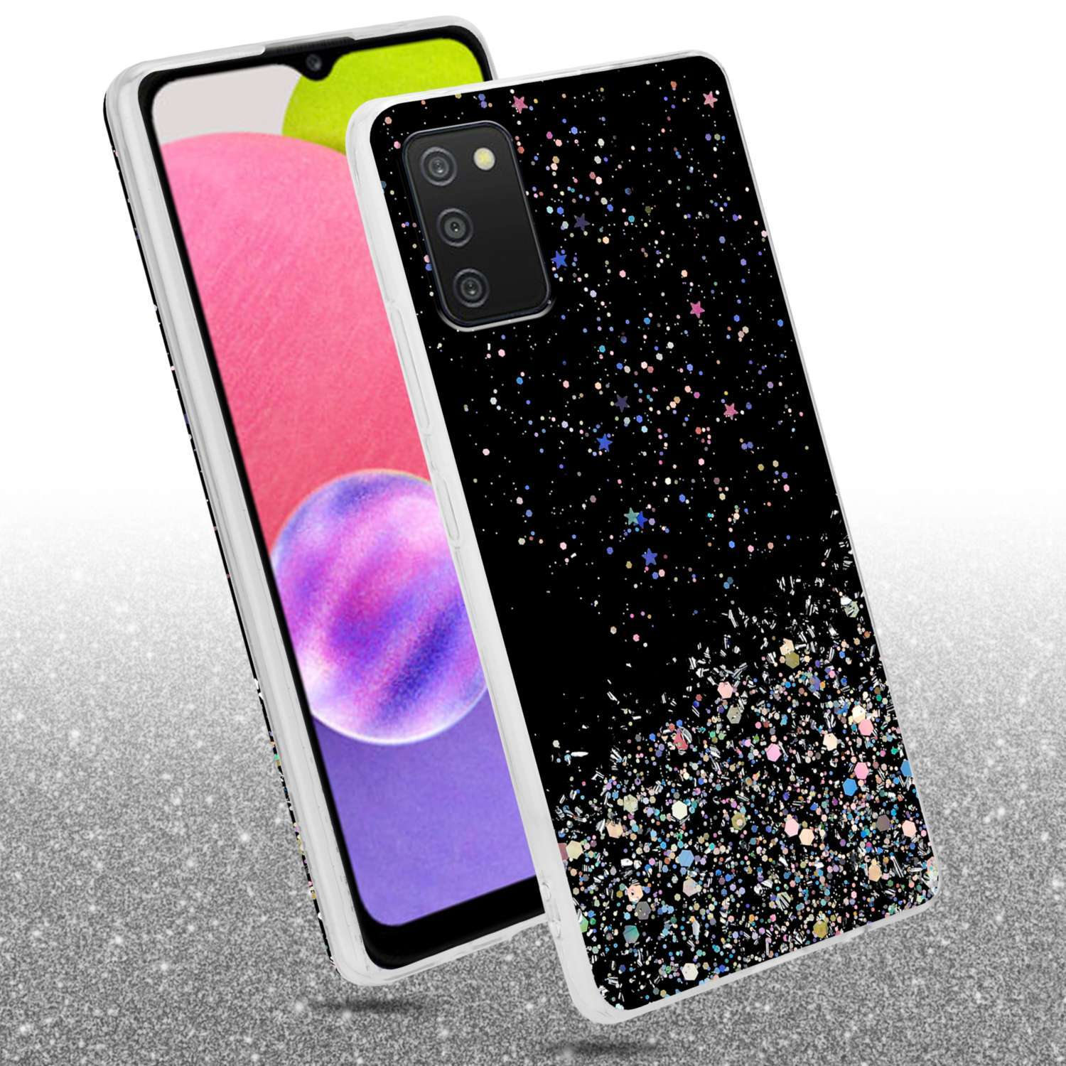 Custodia nera per telefono con motivo glitterato, posizionata su un telefono.