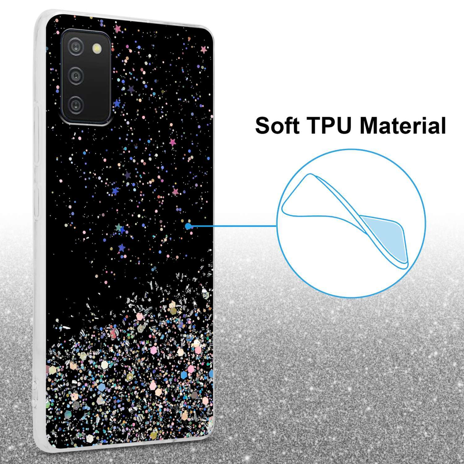 Custodia per telefono su sfondo bianco con design nero e scintillante, con testo.