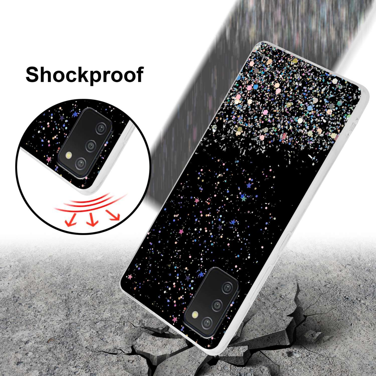 Custodia nera per telefono con design glitterato colorato. Una superficie rotta in primo piano.