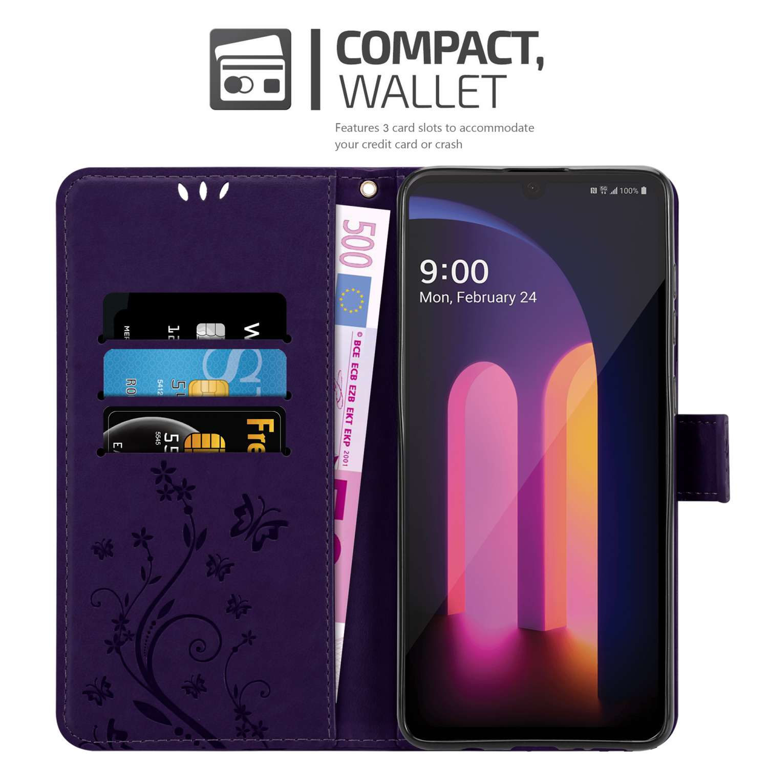 Una custodia a portafoglio viola con telefono e carte all'interno. Presenta un design floreale e una banconota.