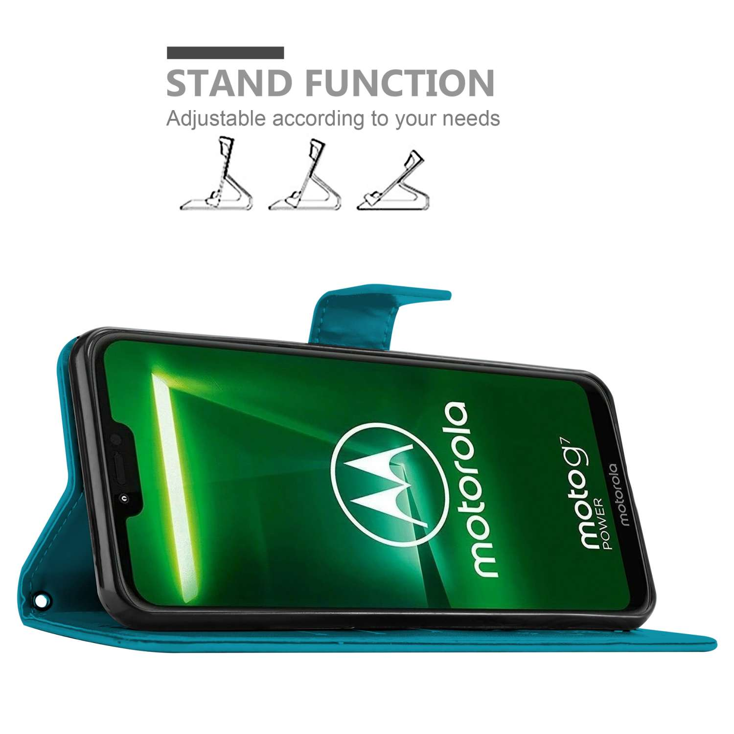 Telefono in custodia turchese con logo Motorola. Funzione supporto mostrata.