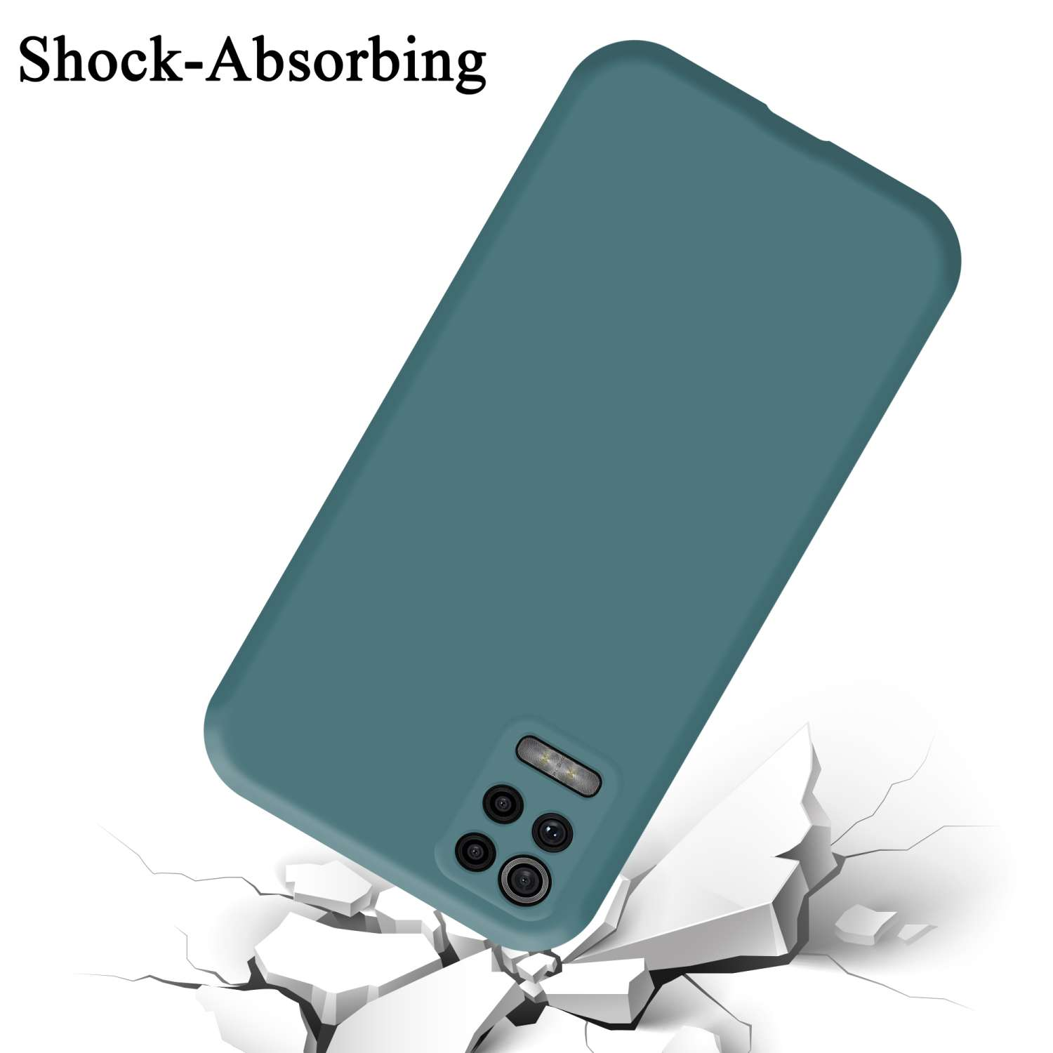 Custodia per telefono color teal con telefono, superficie bianca incrinata e la scritta 'Shock-Absorbing'.