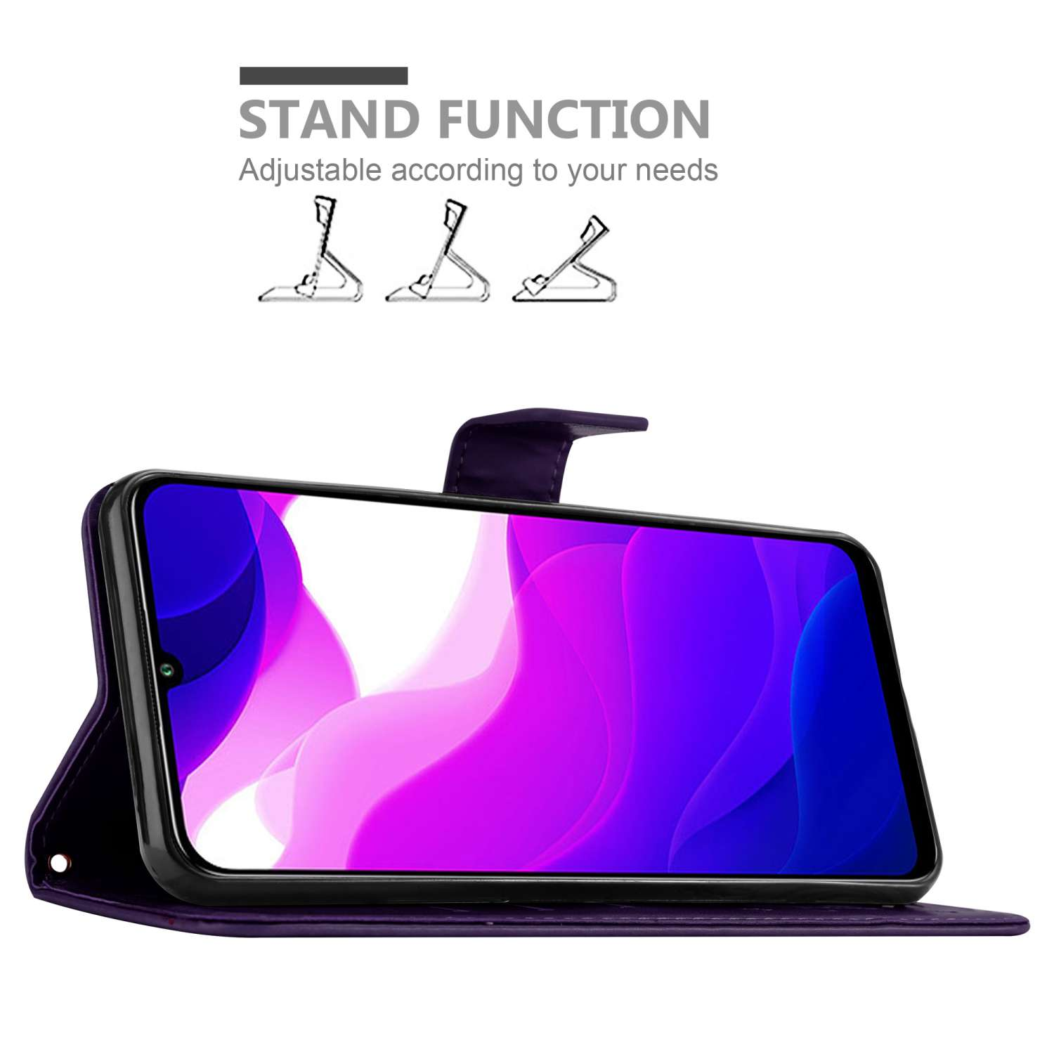 Custodia per telefono viola aperta, telefono all'interno che mostra lo schermo. Sfondo bianco.