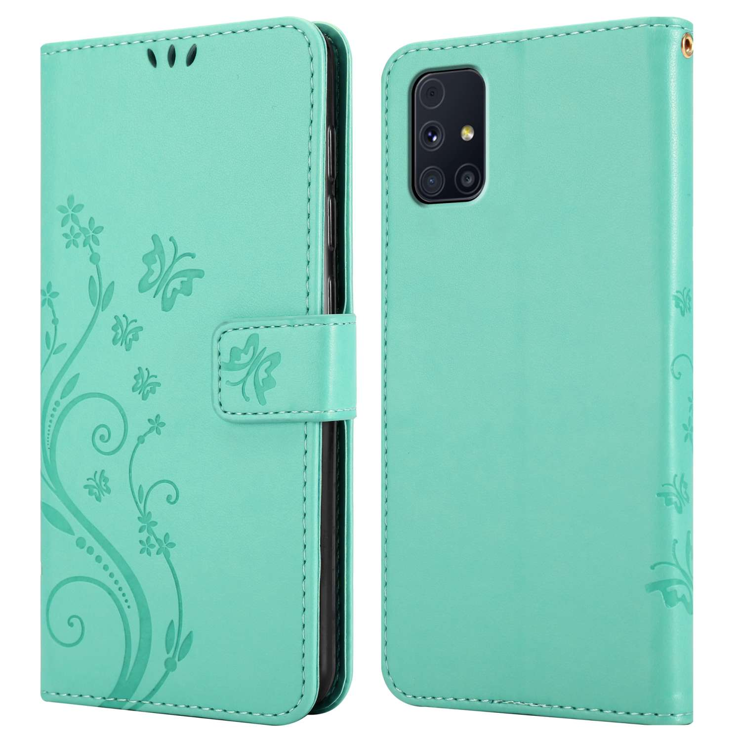 Custodia verde menta, aperta, mostra un telefono e un design floreale, due viste.