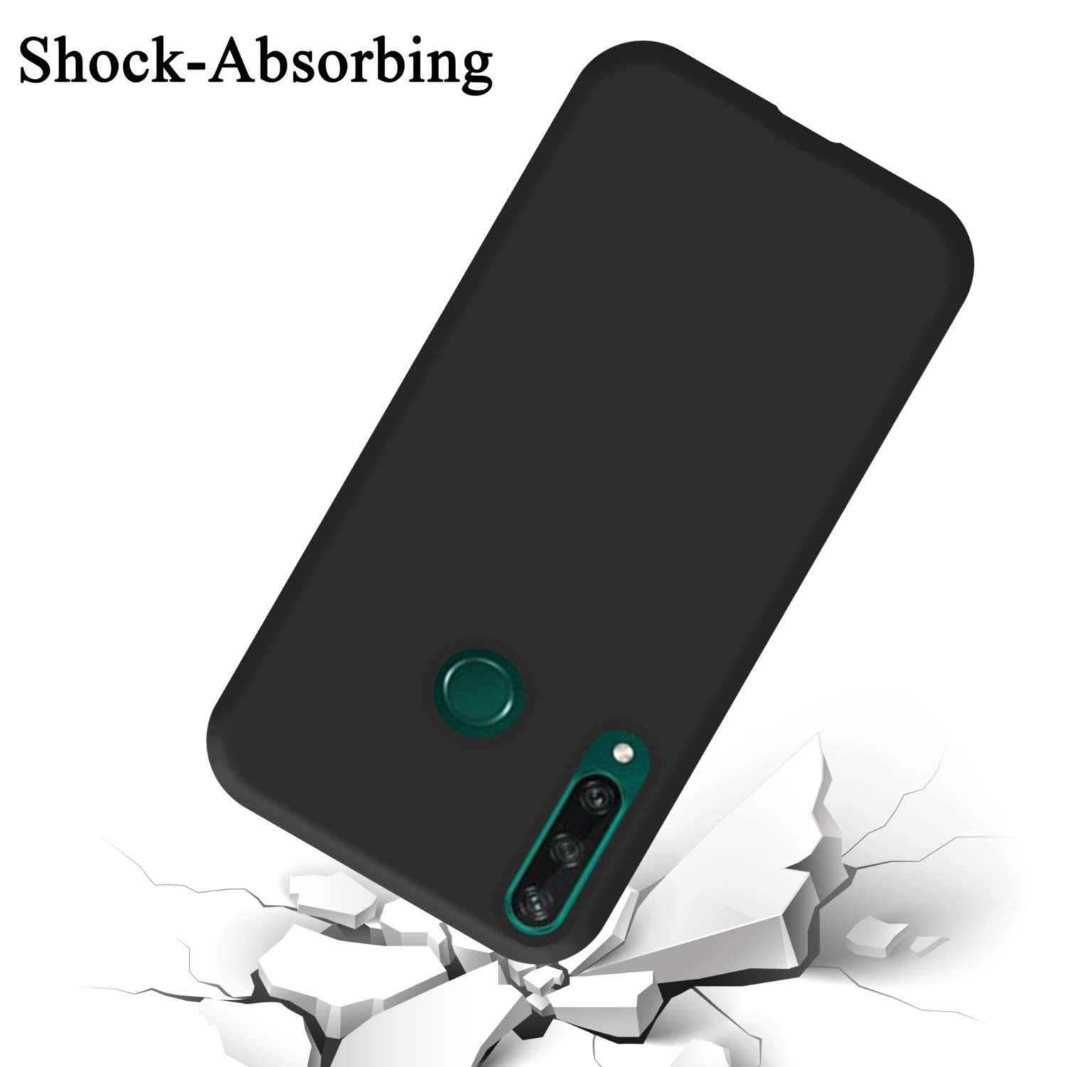 Eine abgewinkelte schwarze Handyhülle, mit einem stürzenden Telefon, das eine Oberfläche zerbricht.