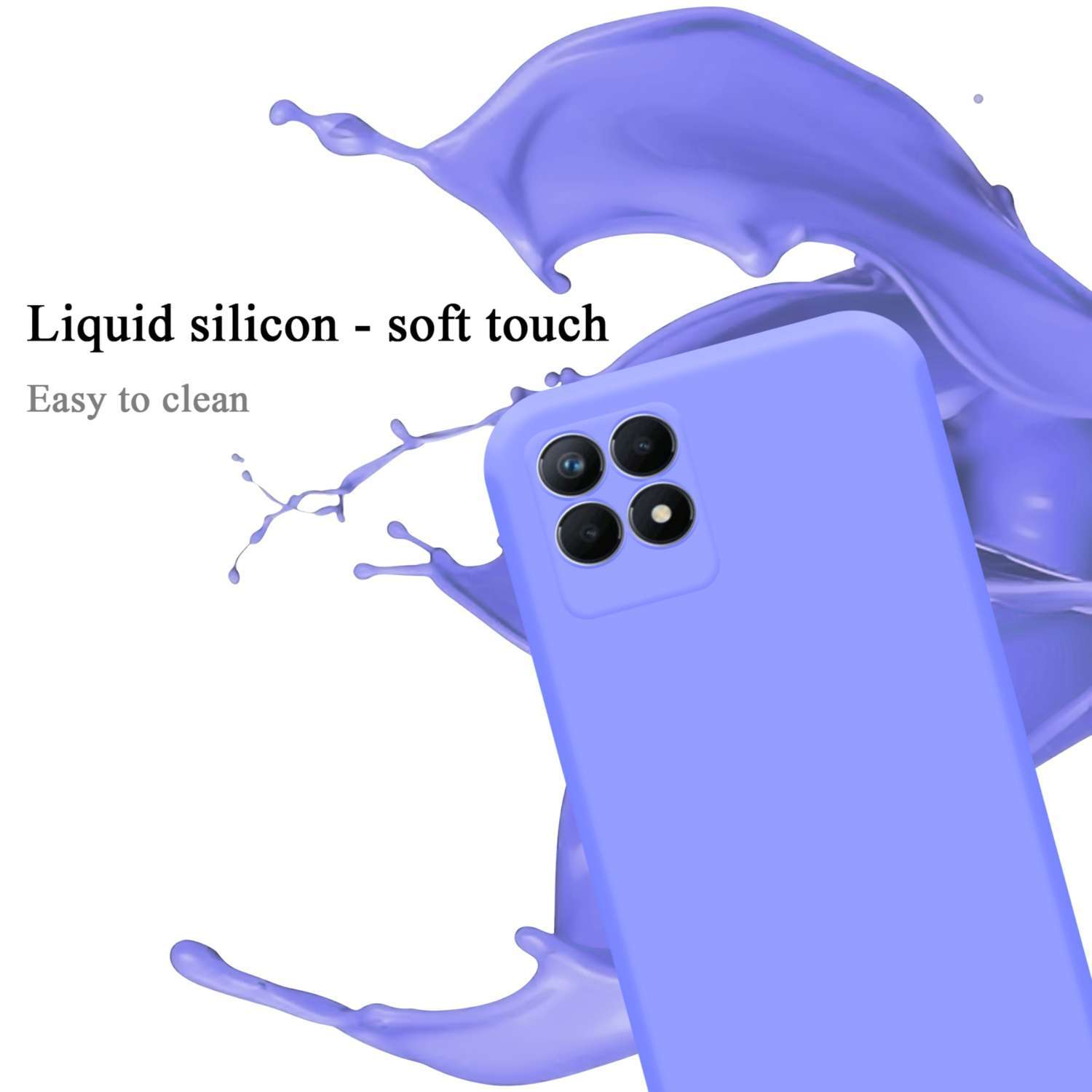 Custodia viola, fotocamera del telefono visibile, schizzo di liquido, testo.