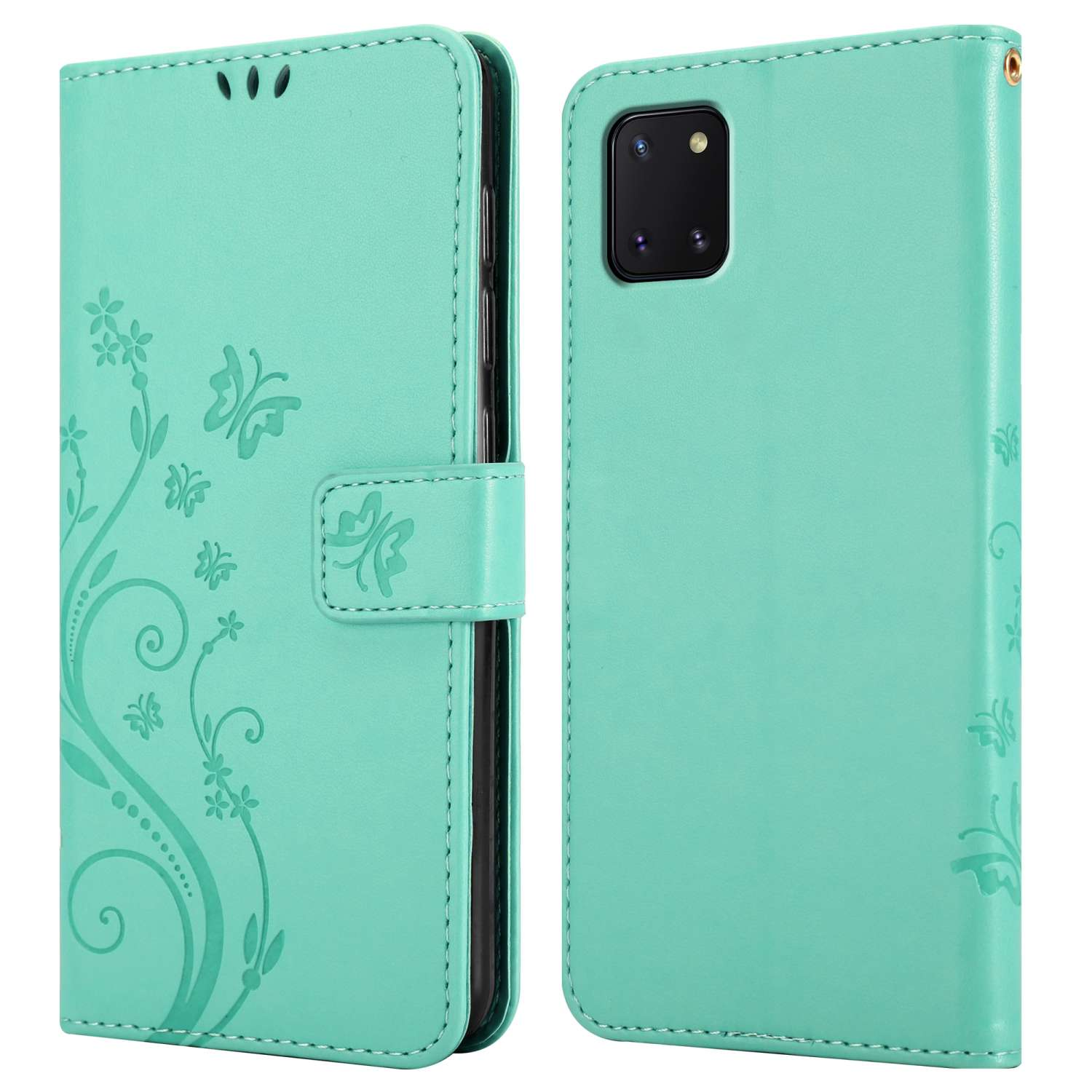 Custodia per telefono in due parti, verde menta aperta. Il lato sinistro ha motivi floreali e farfalle. Chiuso a destra.